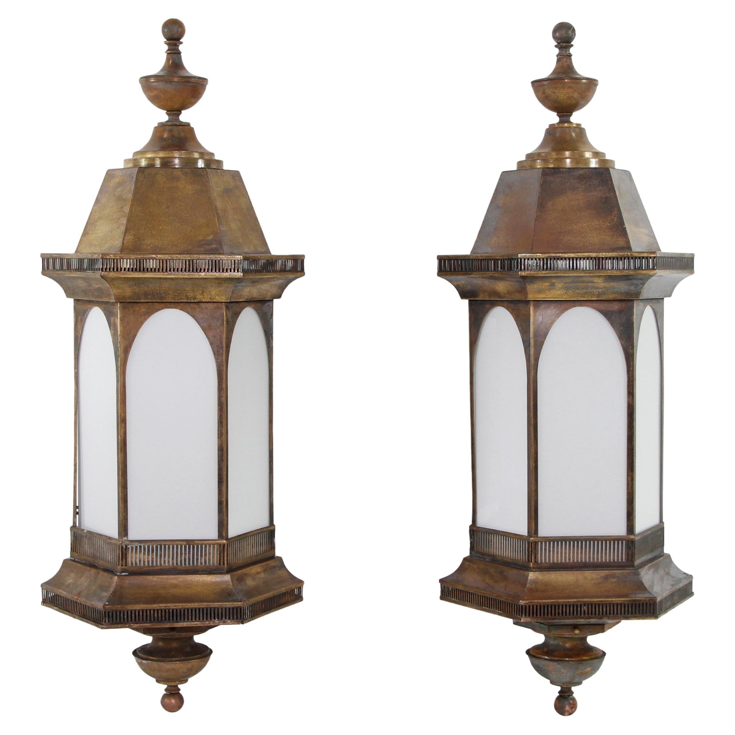 Pair Restored Red Brass Milk Glass Exterior Wall Lanterns