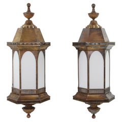 Pair Restored Red Brass Milk Glass Exterior Wall Lanterns