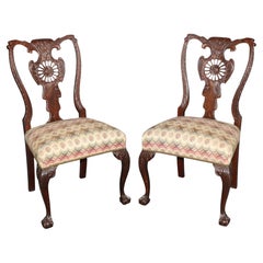 Pair Reticulated Carved Walnut Georgian Style Ball and Claw Foot Side Chairs