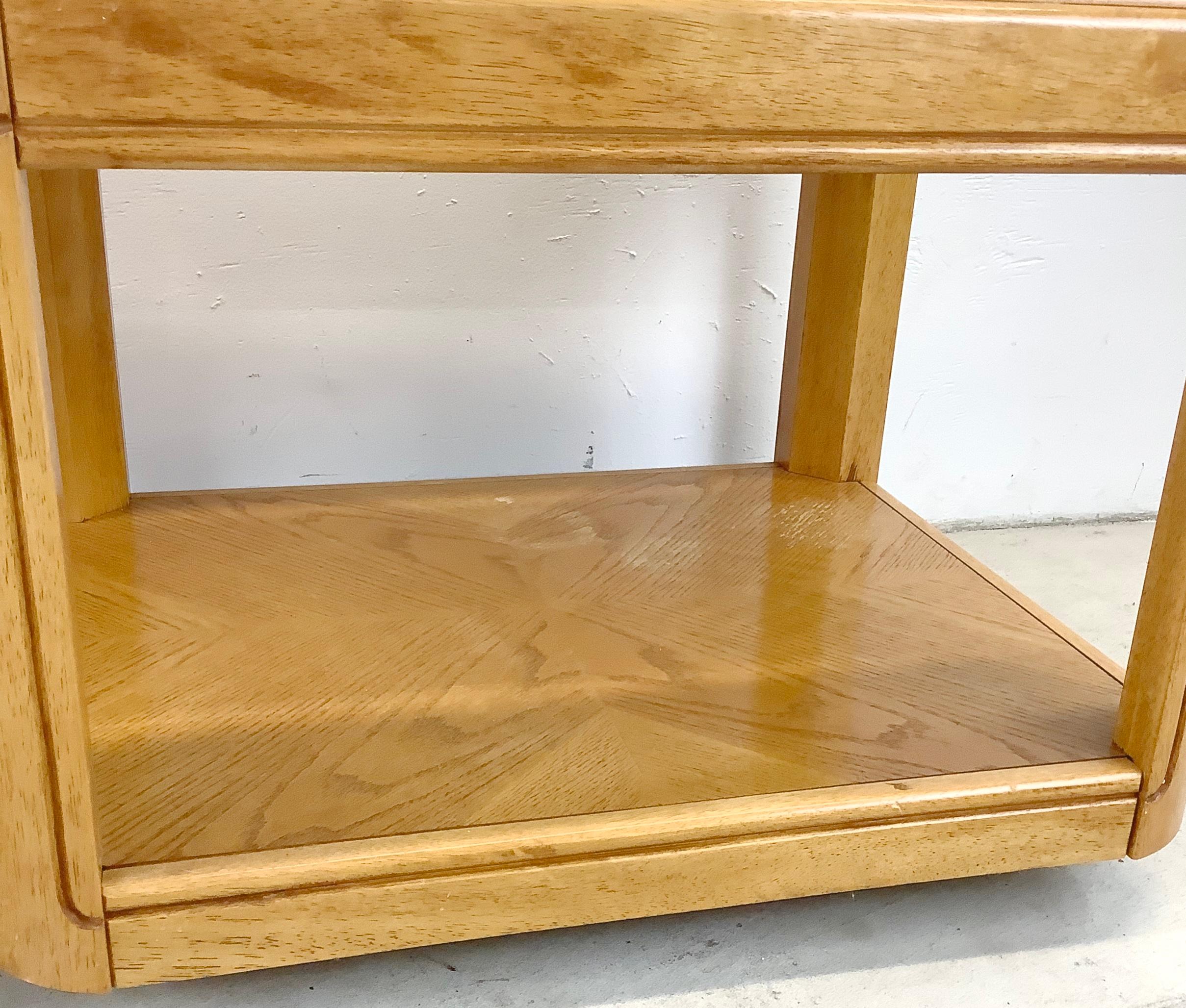 Pair Retro Oak End Tables with Glass Tops For Sale 7