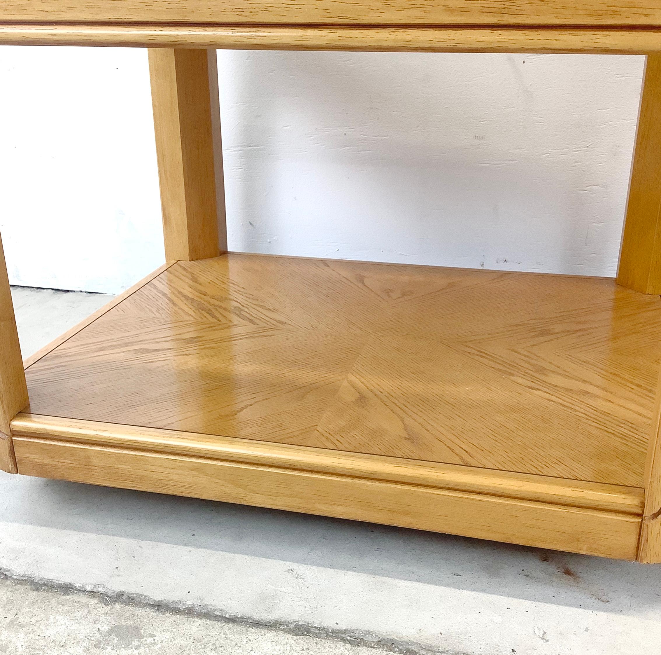 Pair Retro Oak End Tables with Glass Tops For Sale 11