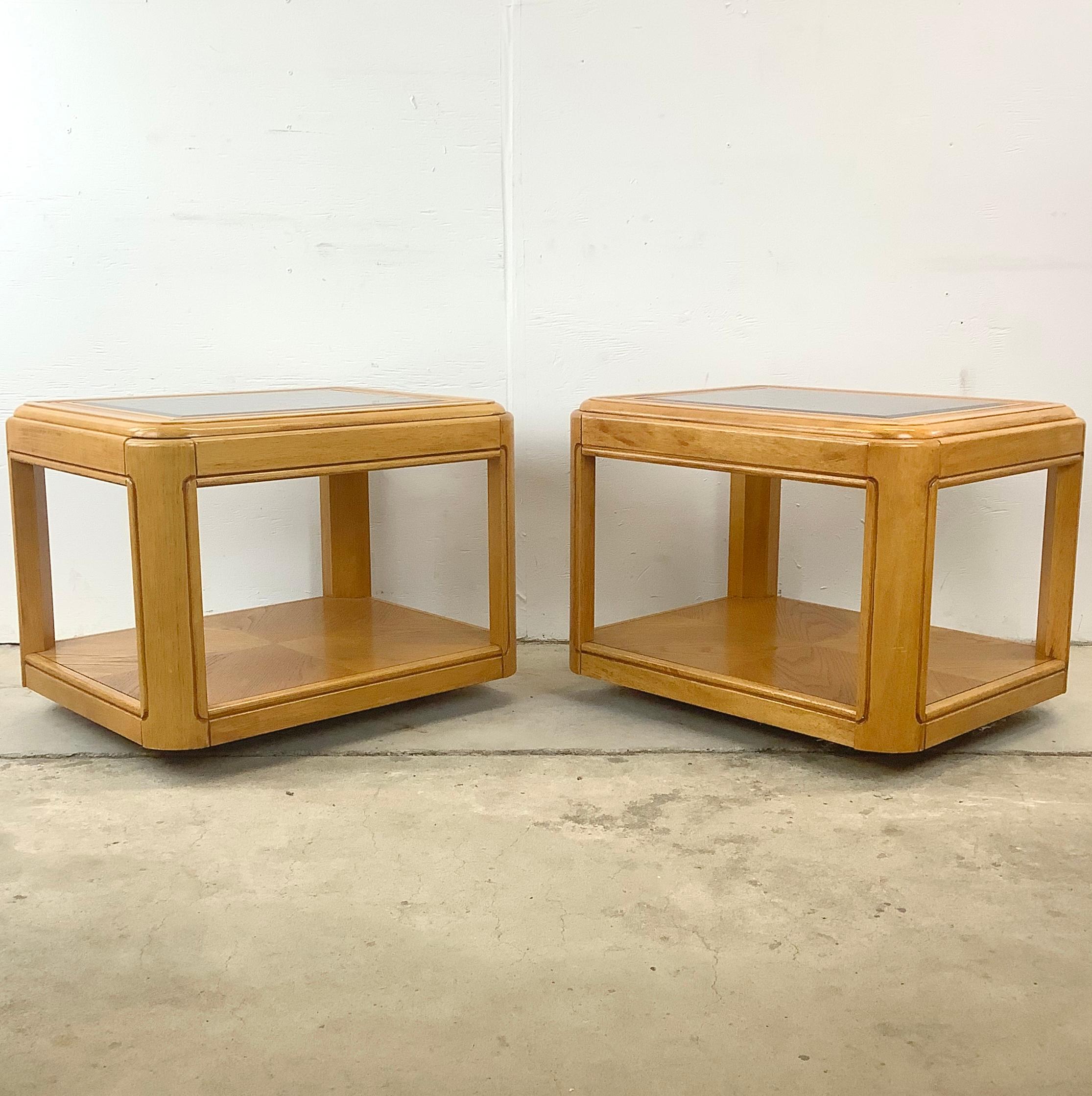 American Colonial Pair Retro Oak End Tables with Glass Tops For Sale