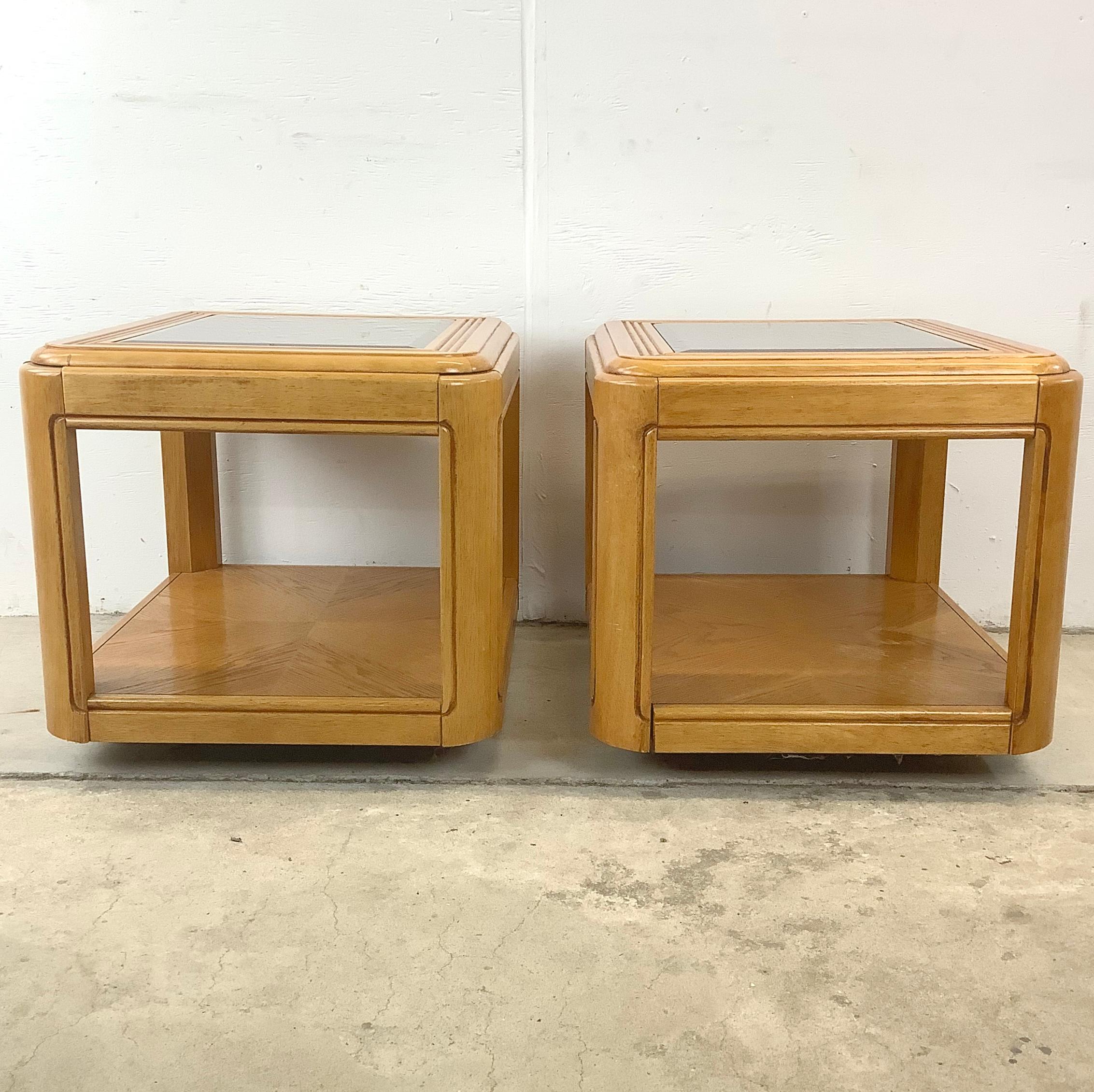 Unknown Pair Retro Oak End Tables with Glass Tops For Sale