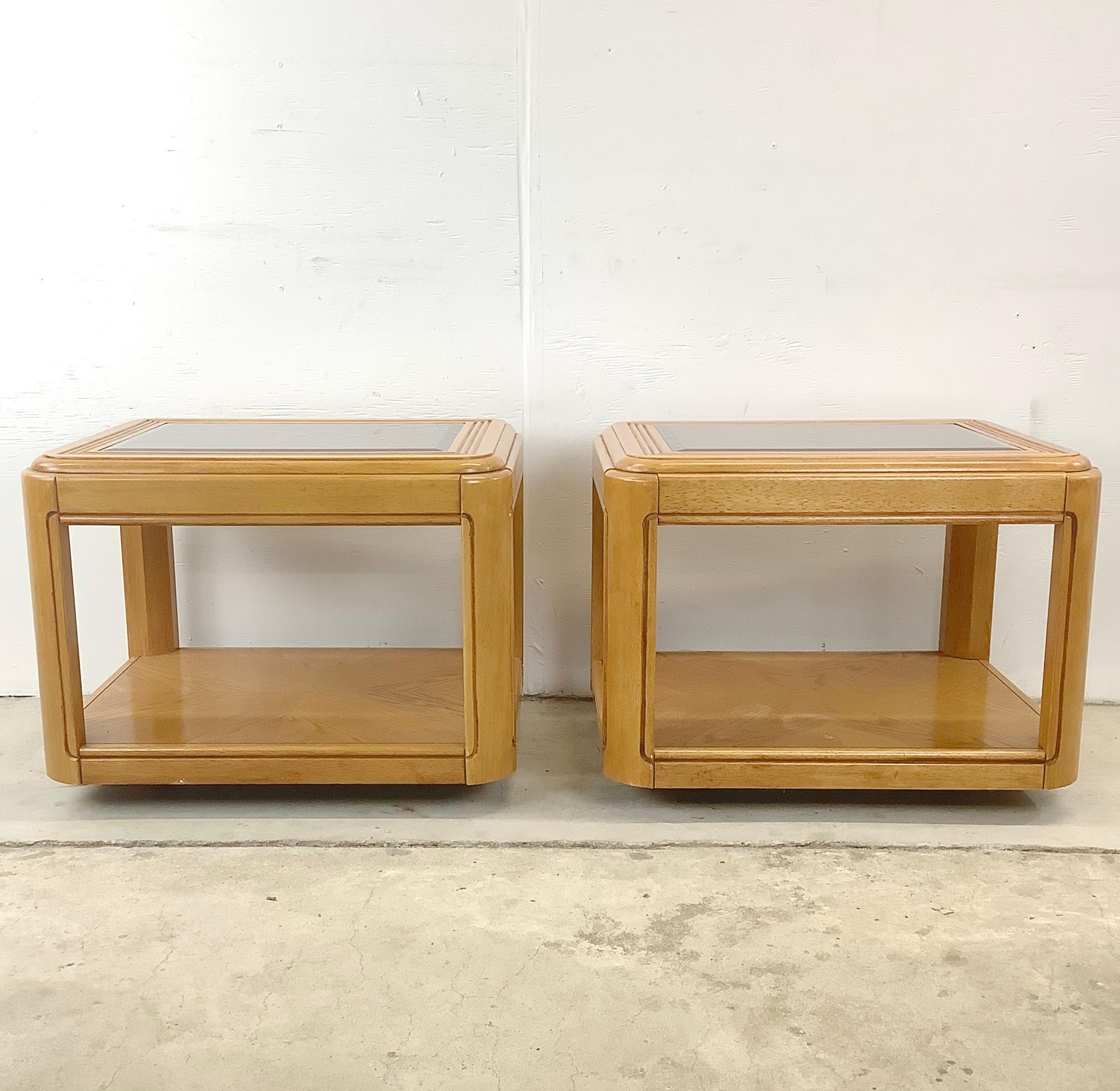 Other Pair Retro Oak End Tables with Glass Tops For Sale
