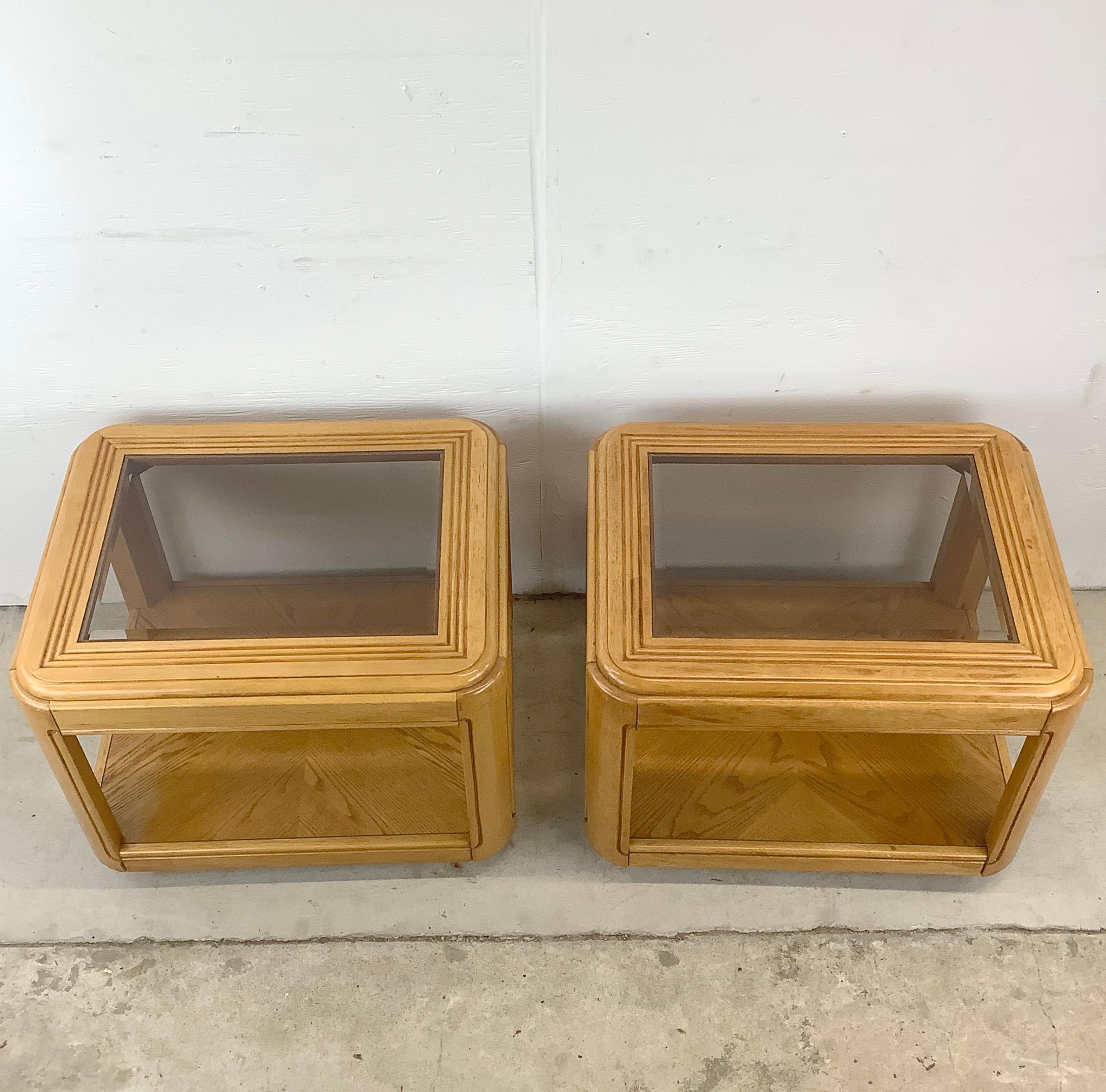 20th Century Pair Retro Oak End Tables with Glass Tops For Sale