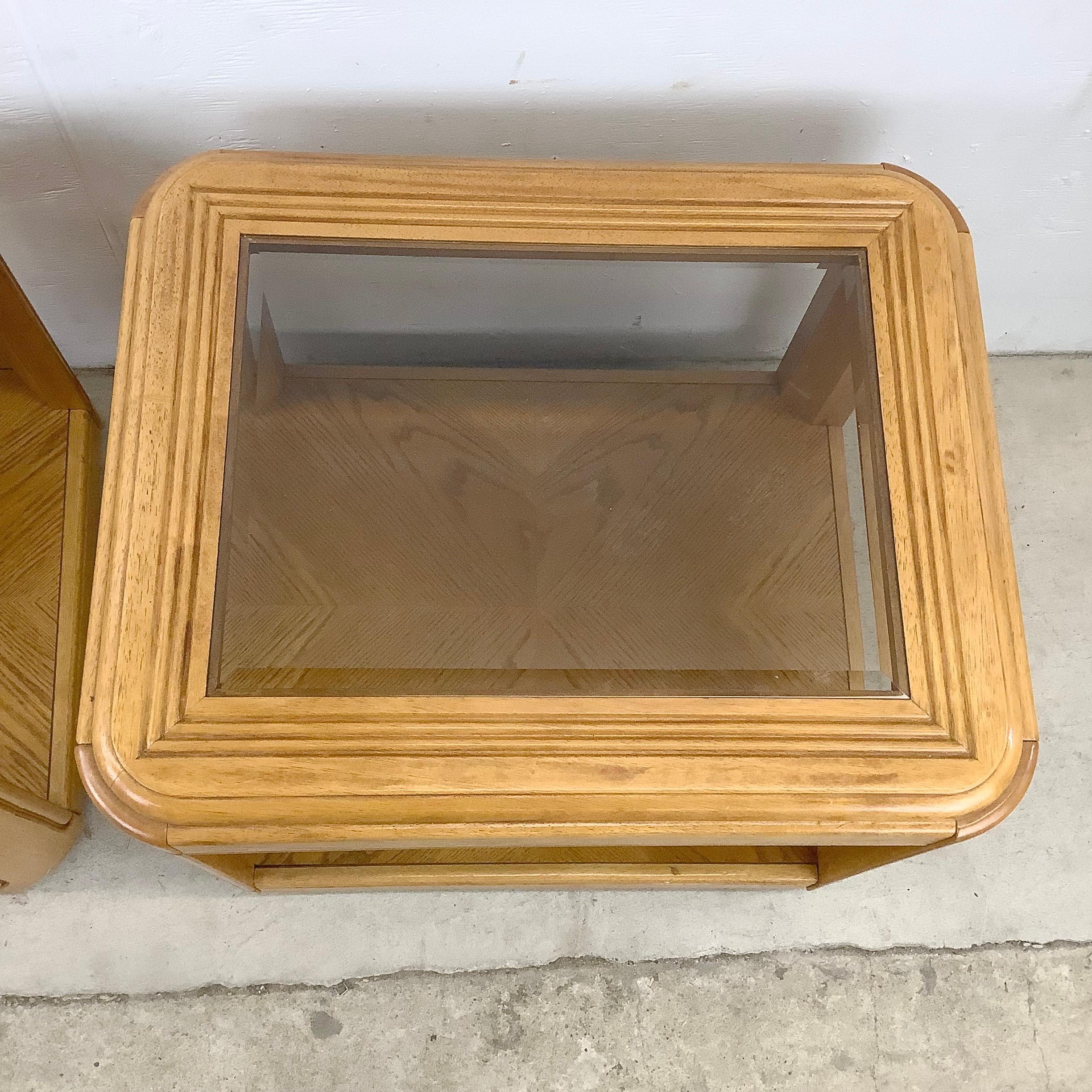 Pair Retro Oak End Tables with Glass Tops For Sale 1