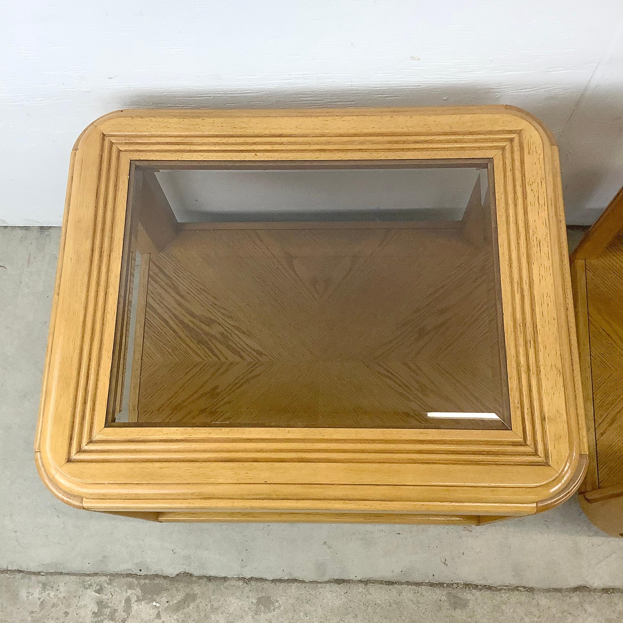 Pair Retro Oak End Tables with Glass Tops For Sale 2