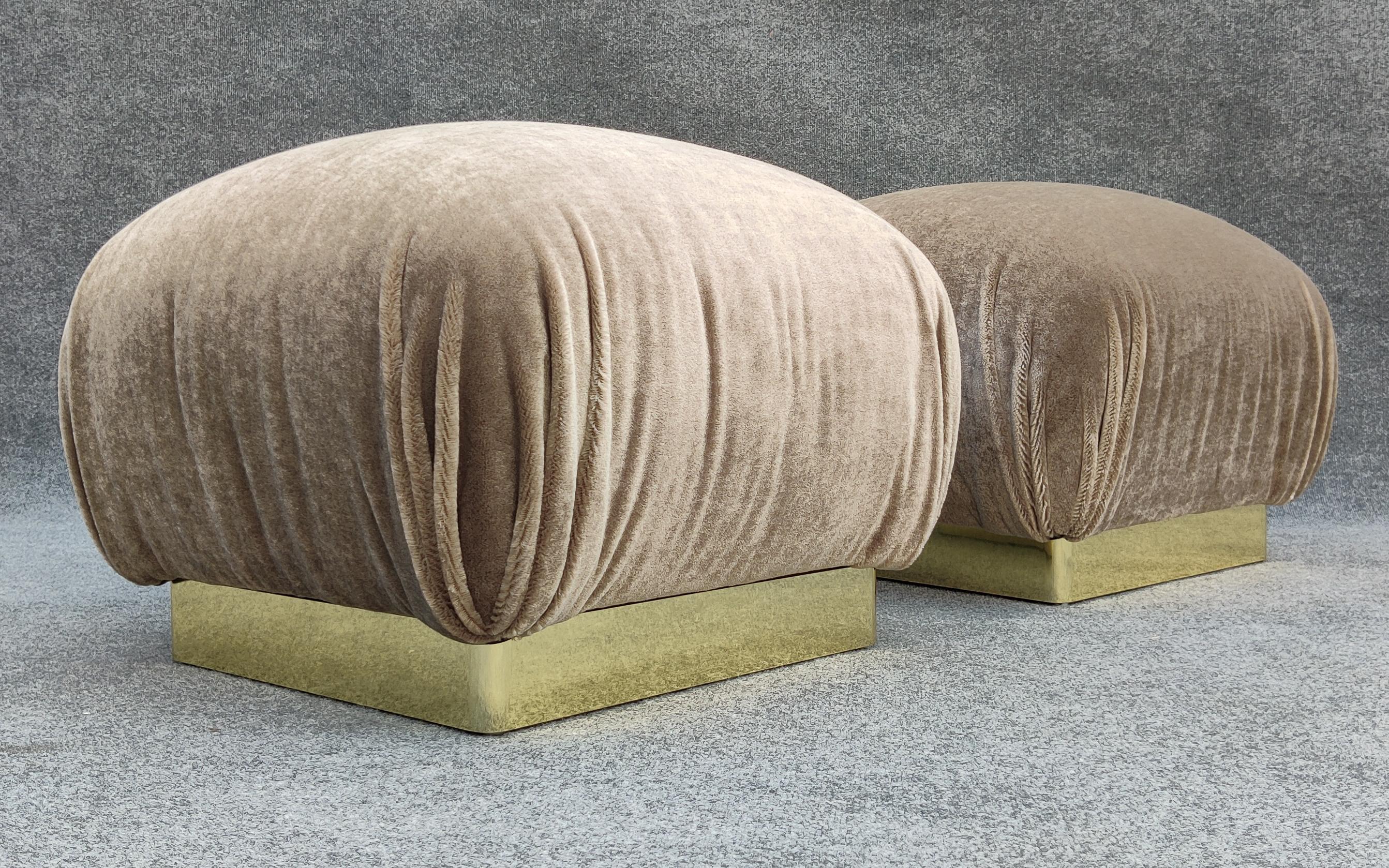 Pair Reupholstered Lichen Mohair Karl Springer Style Poufs or Ottomans by Weiman For Sale 3