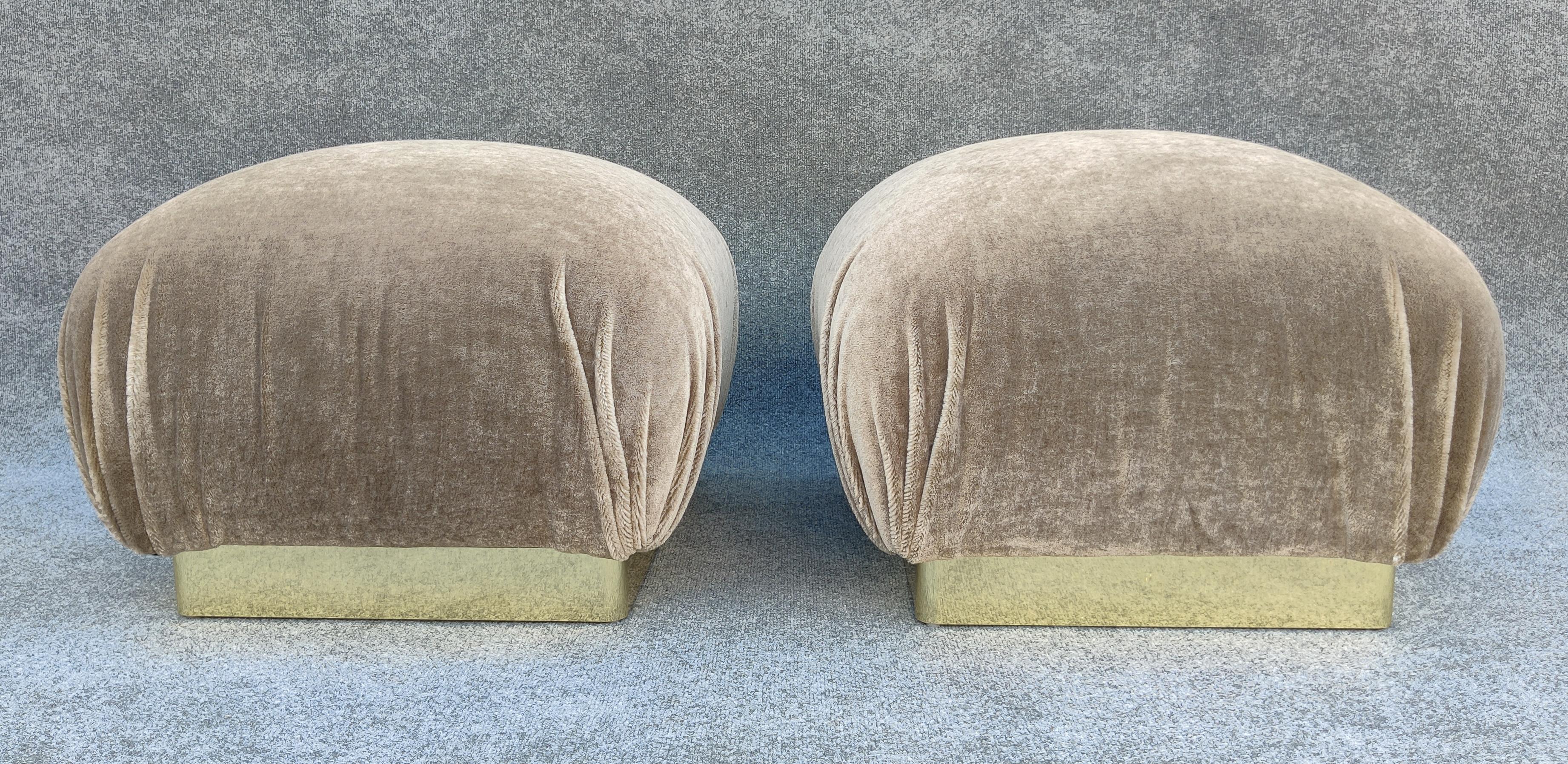 Mid-Century Modern Pair Reupholstered Lichen Mohair Karl Springer Style Poufs or Ottomans by Weiman For Sale