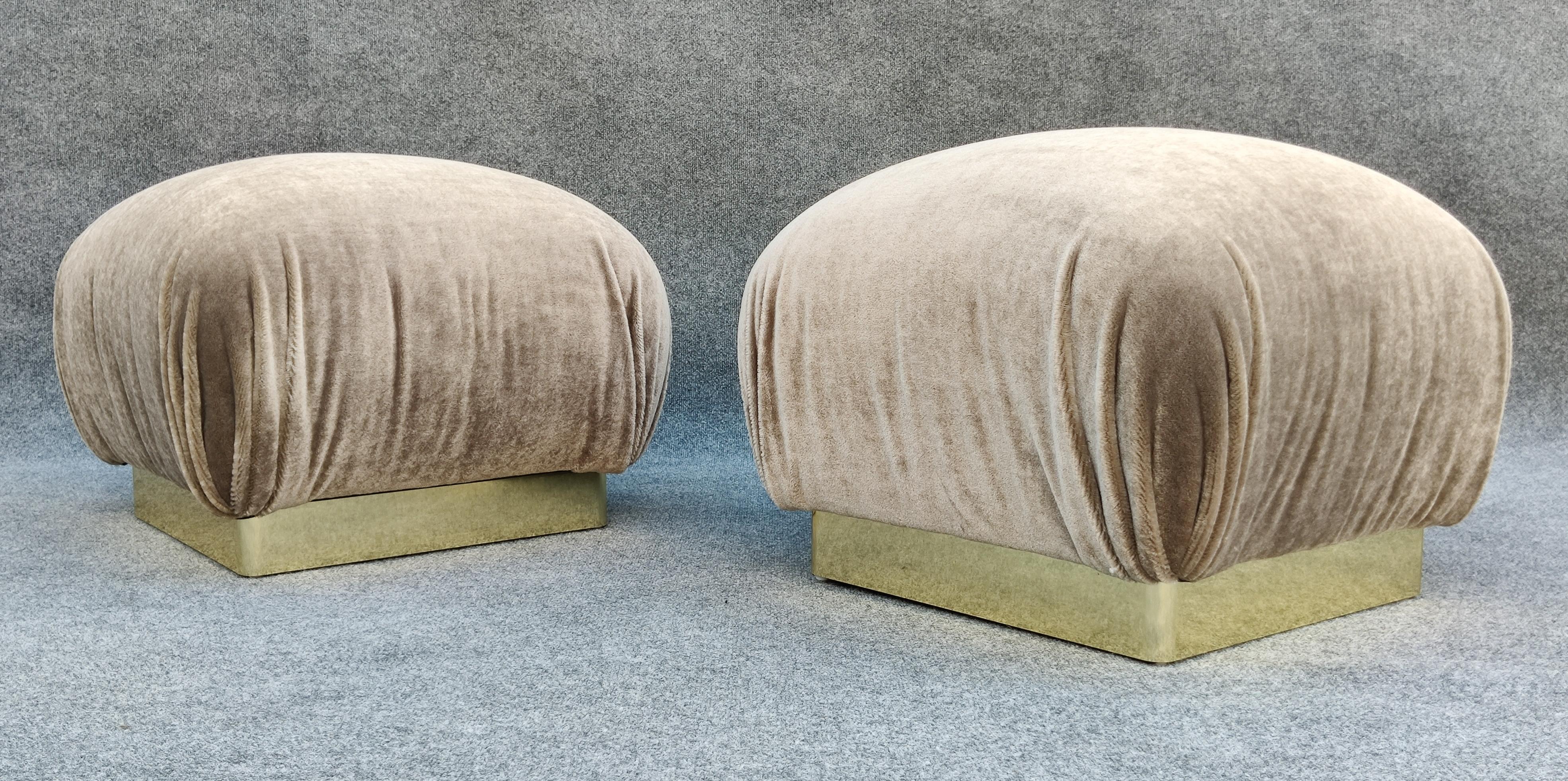 Pair Reupholstered Lichen Mohair Karl Springer Style Poufs or Ottomans by Weiman In Good Condition For Sale In Philadelphia, PA
