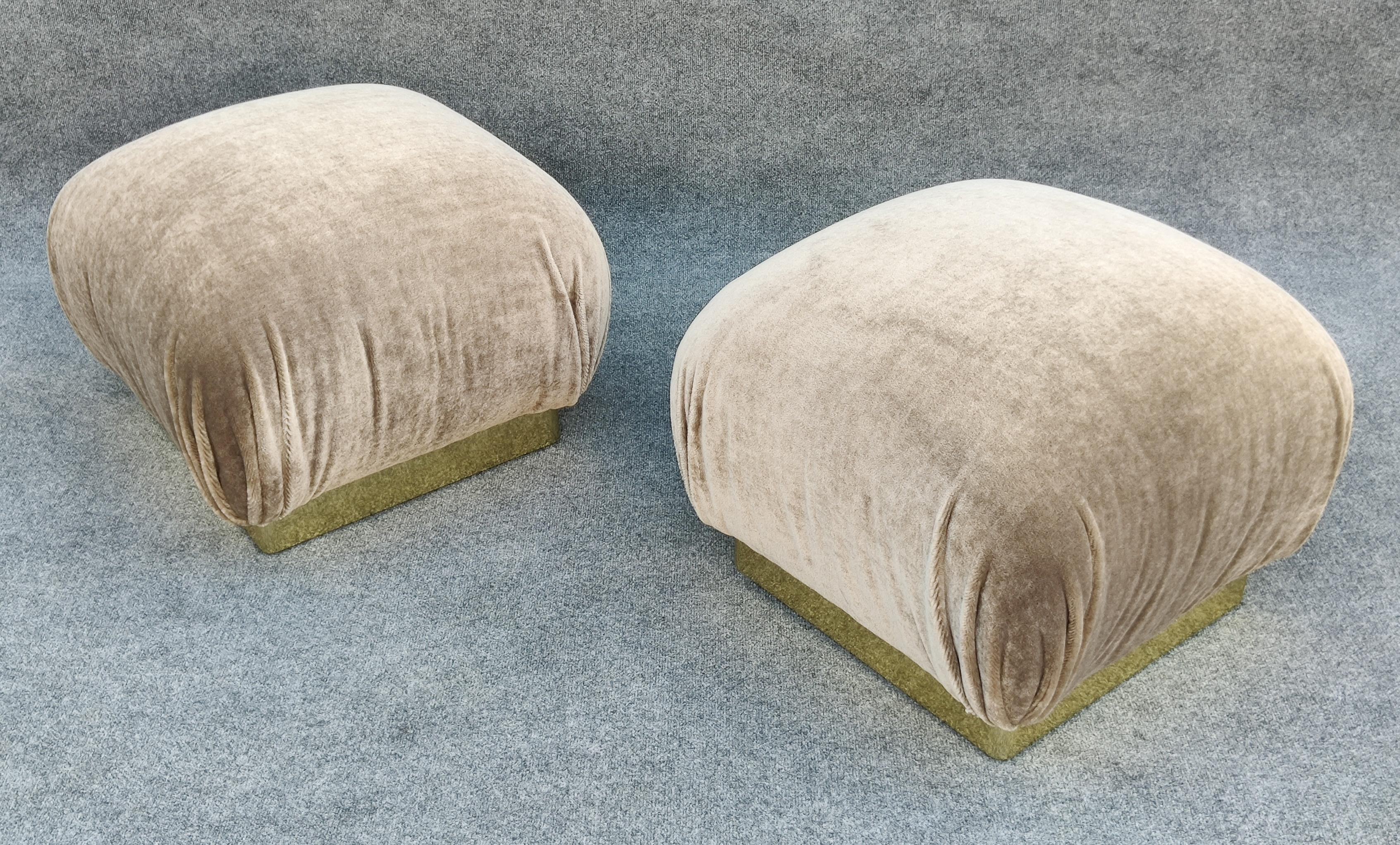 Late 20th Century Pair Reupholstered Lichen Mohair Karl Springer Style Poufs or Ottomans by Weiman For Sale