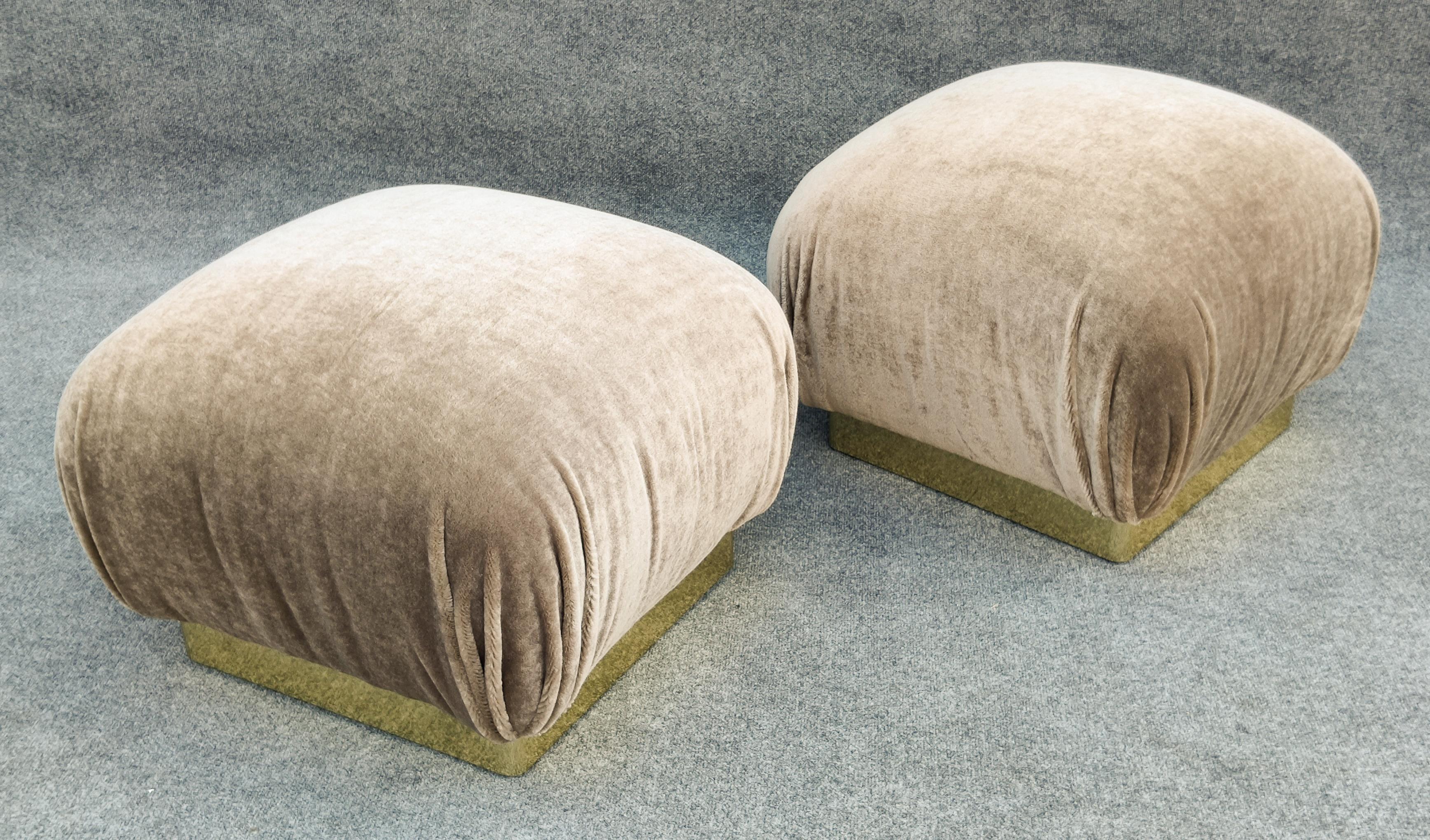 Brass Pair Reupholstered Lichen Mohair Karl Springer Style Poufs or Ottomans by Weiman For Sale