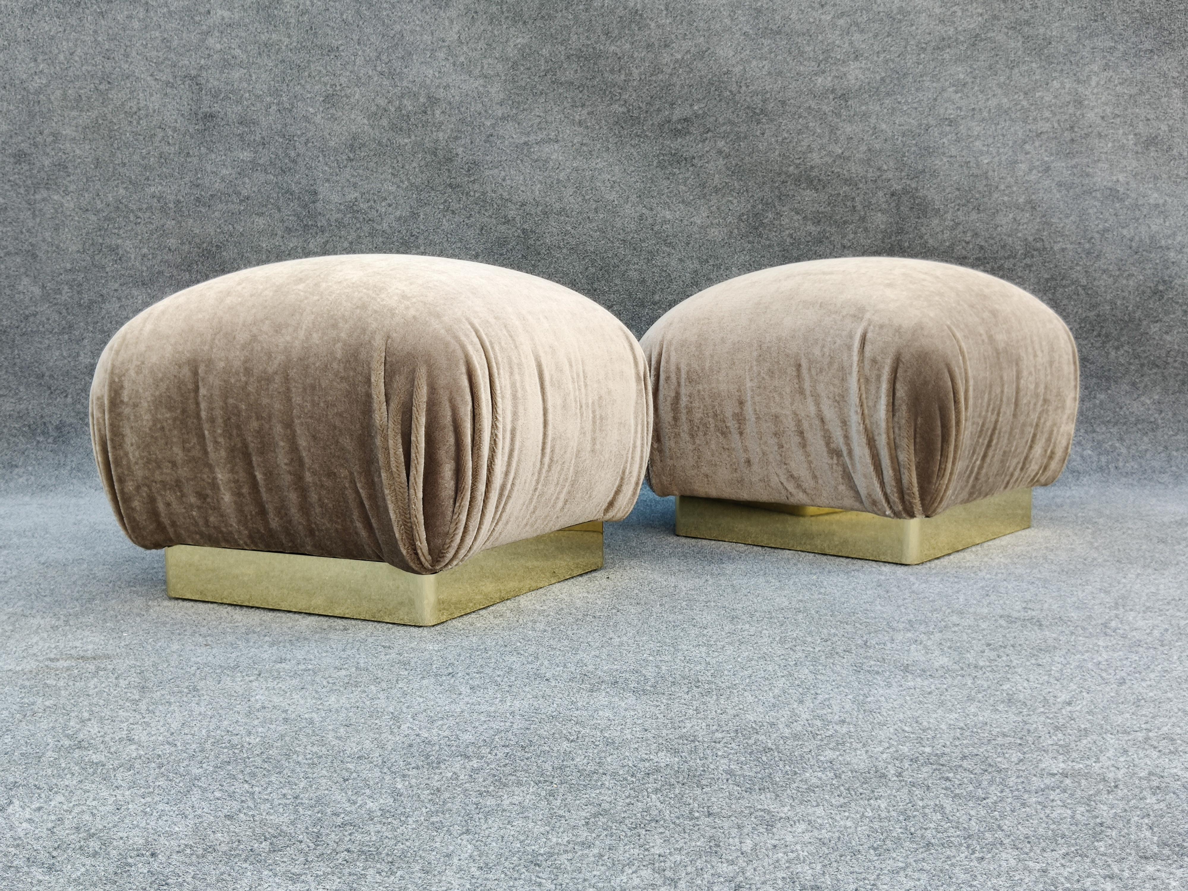 Pair Reupholstered Lichen Mohair Karl Springer Style Poufs or Ottomans by Weiman For Sale 1