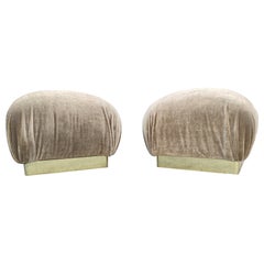 Pair Reupholstered Lichen Mohair Karl Springer Style Poufs or Ottomans by Weiman