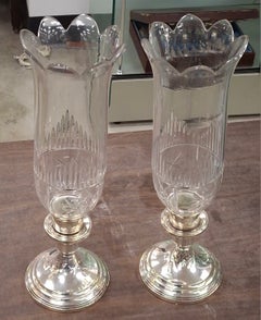 Pair Revere Silversmiths Weighted Sterling Silver & Crystal Shade Candle Holders
