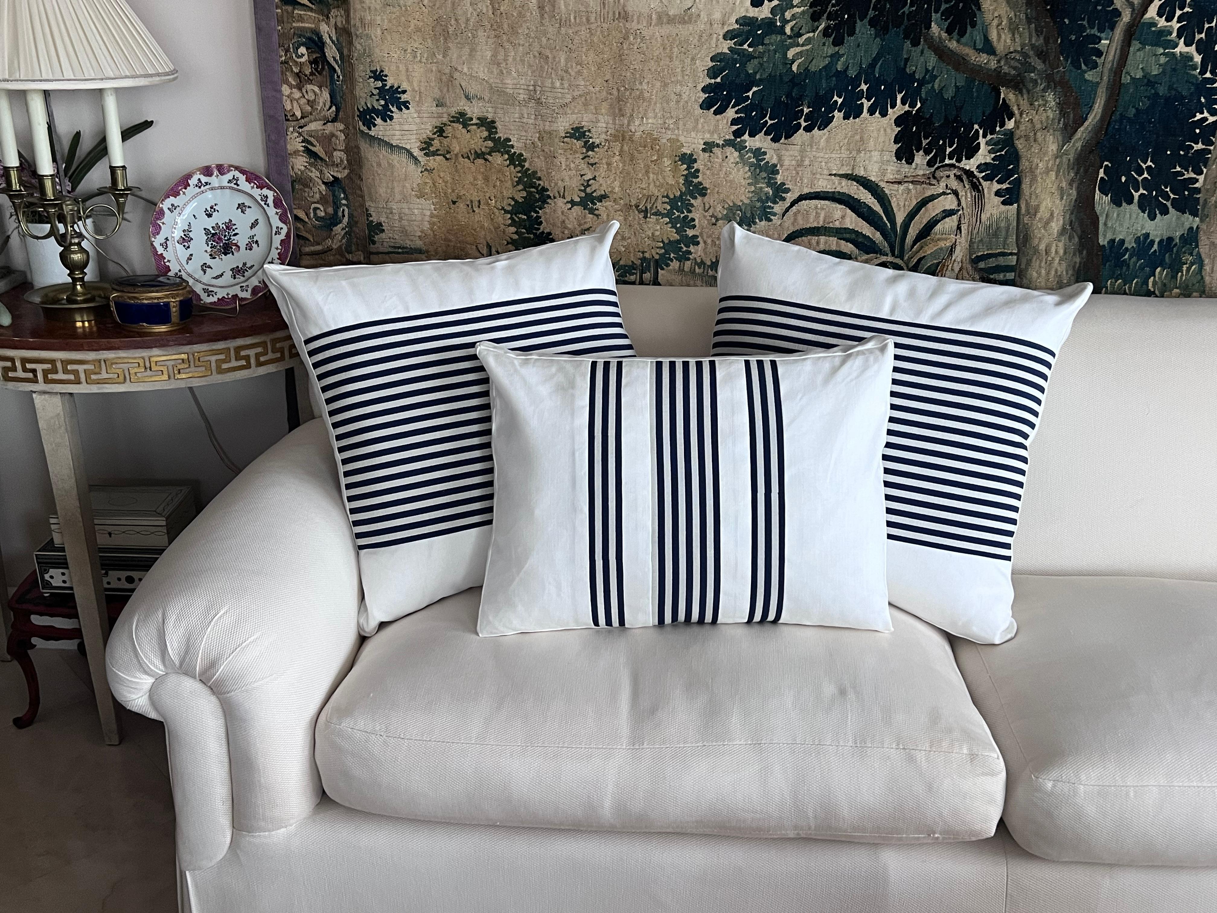 Pair Reversible Cushions/Pillows in Navy Blue Stripes on White For Sale 2