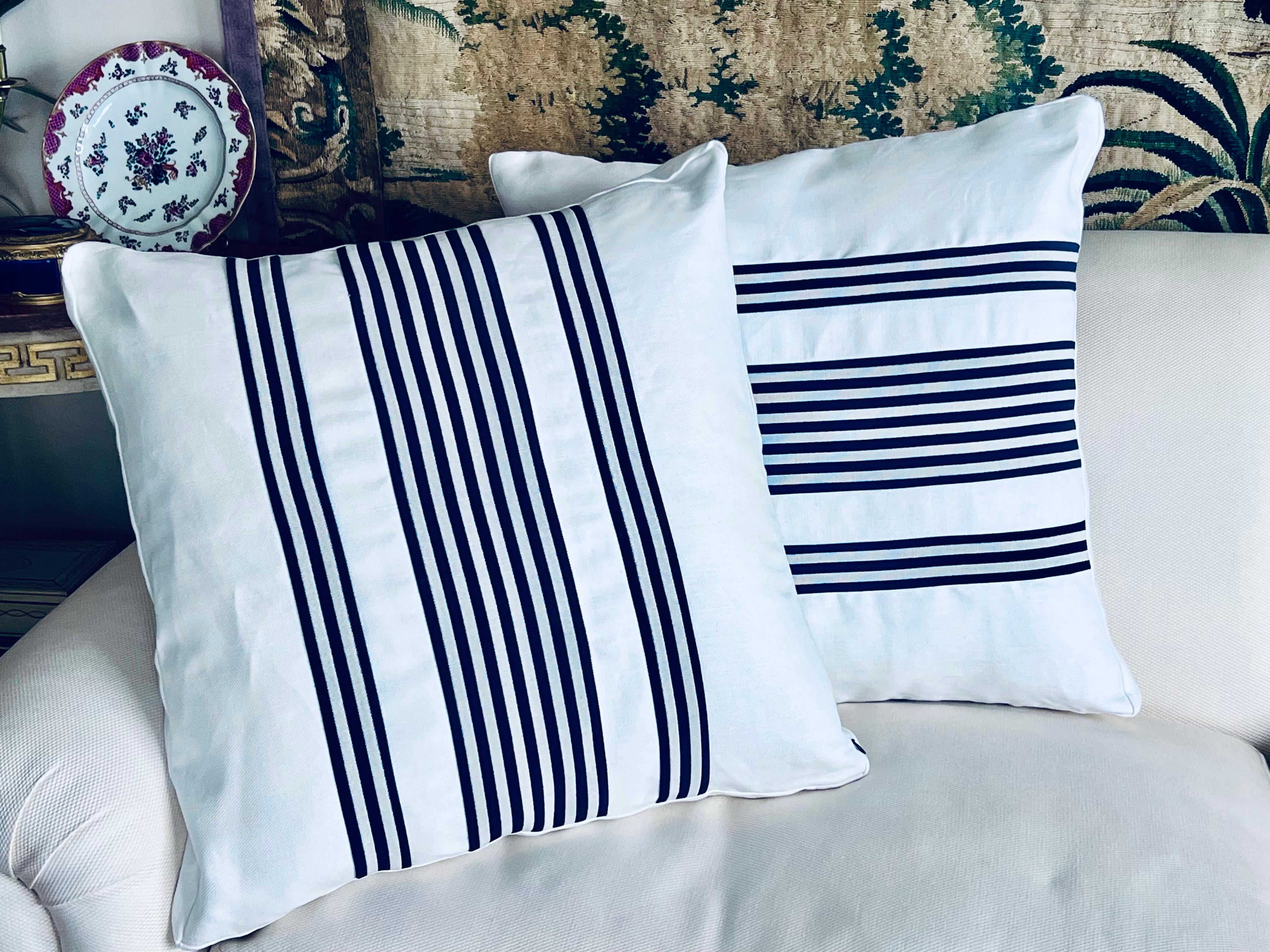 Modern Pair Reversible Cushions/Pillows in Navy Blue Stripes on White For Sale