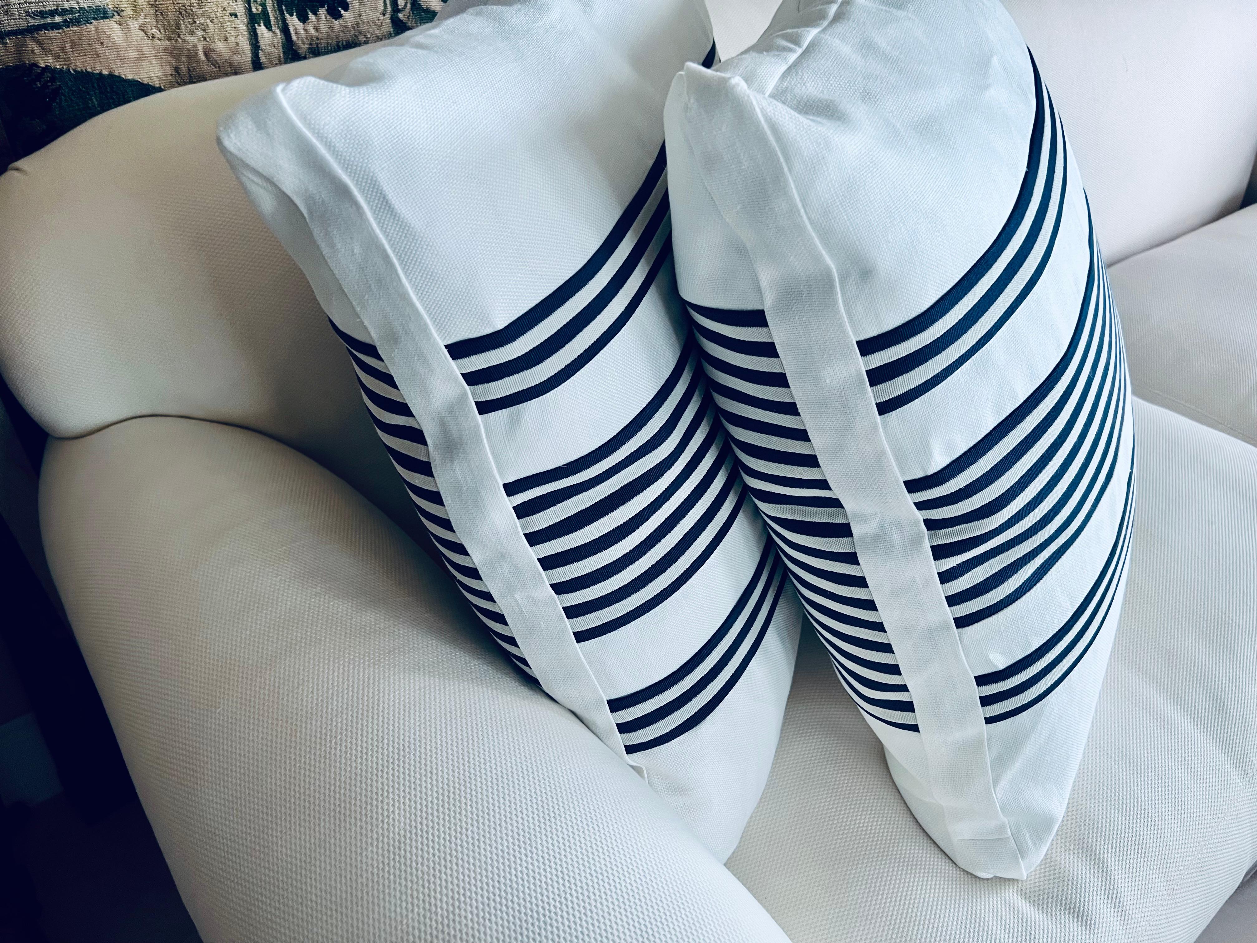 American Pair Reversible Cushions/Pillows in Navy Blue Stripes on White For Sale