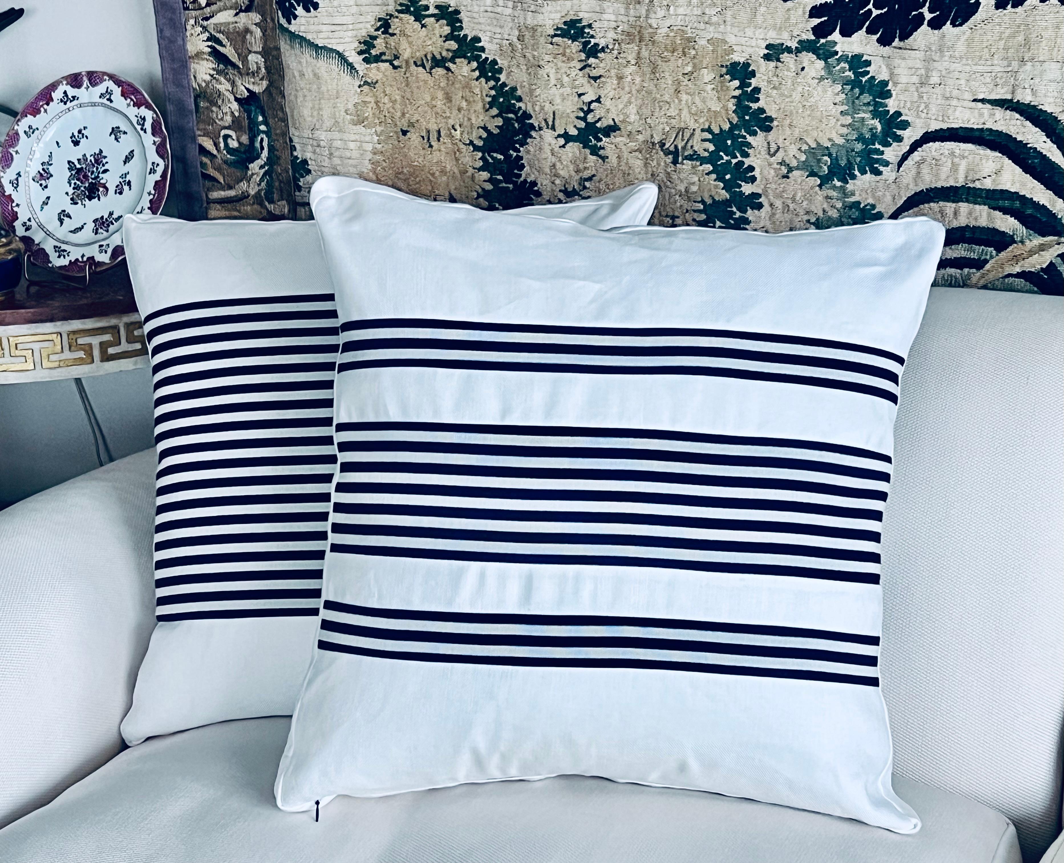Hand-Crafted Pair Reversible Cushions/Pillows in Navy Blue Stripes on White For Sale
