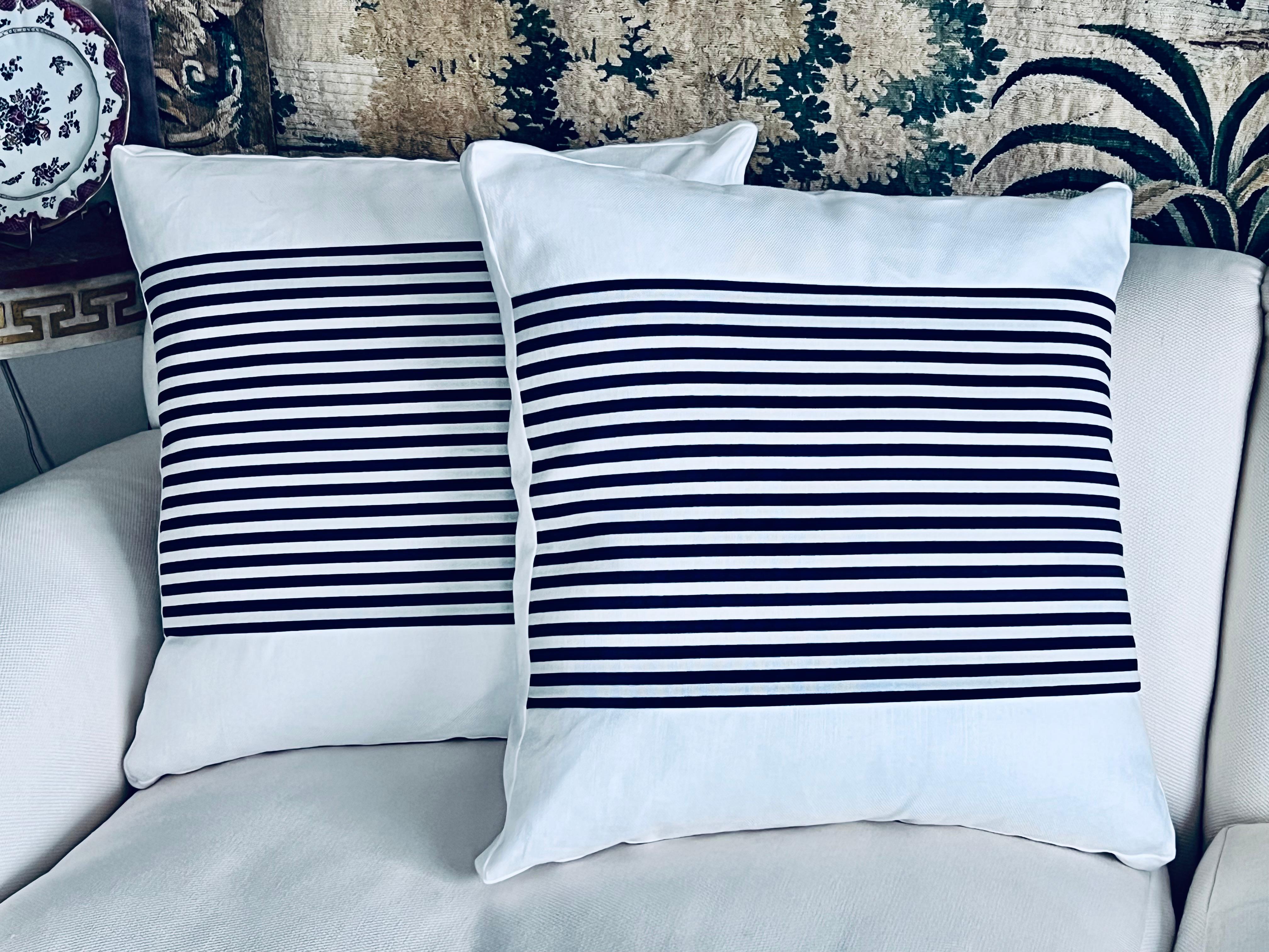 Pair Reversible Cushions/Pillows in Navy Blue Stripes on White In New Condition For Sale In West Palm Beach, FL