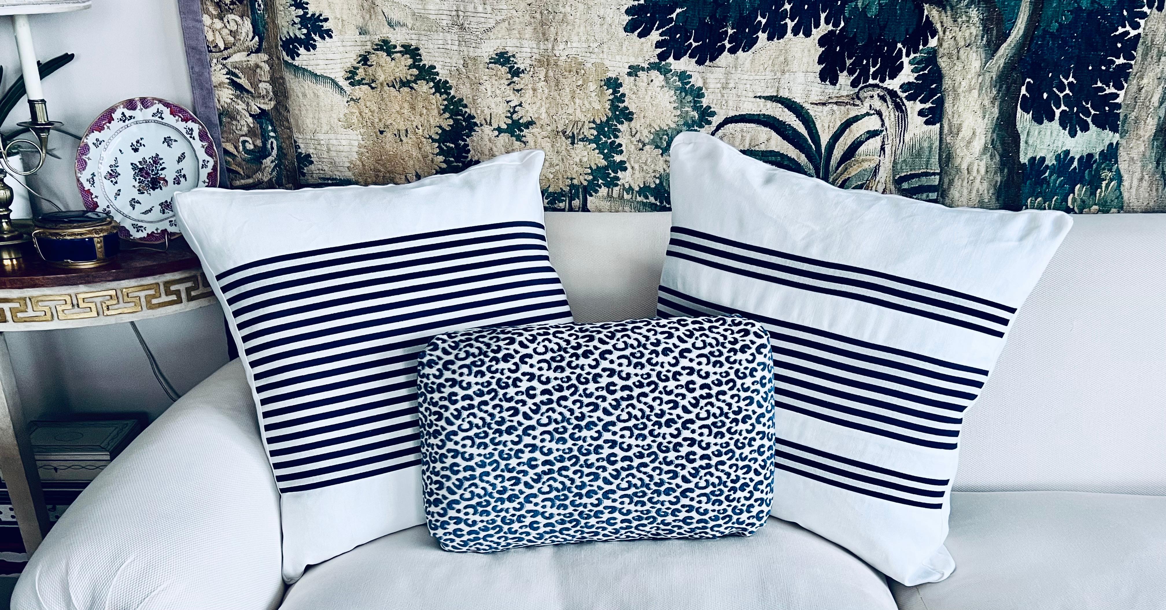 Contemporary Pair Reversible Cushions/Pillows in Navy Blue Stripes on White For Sale