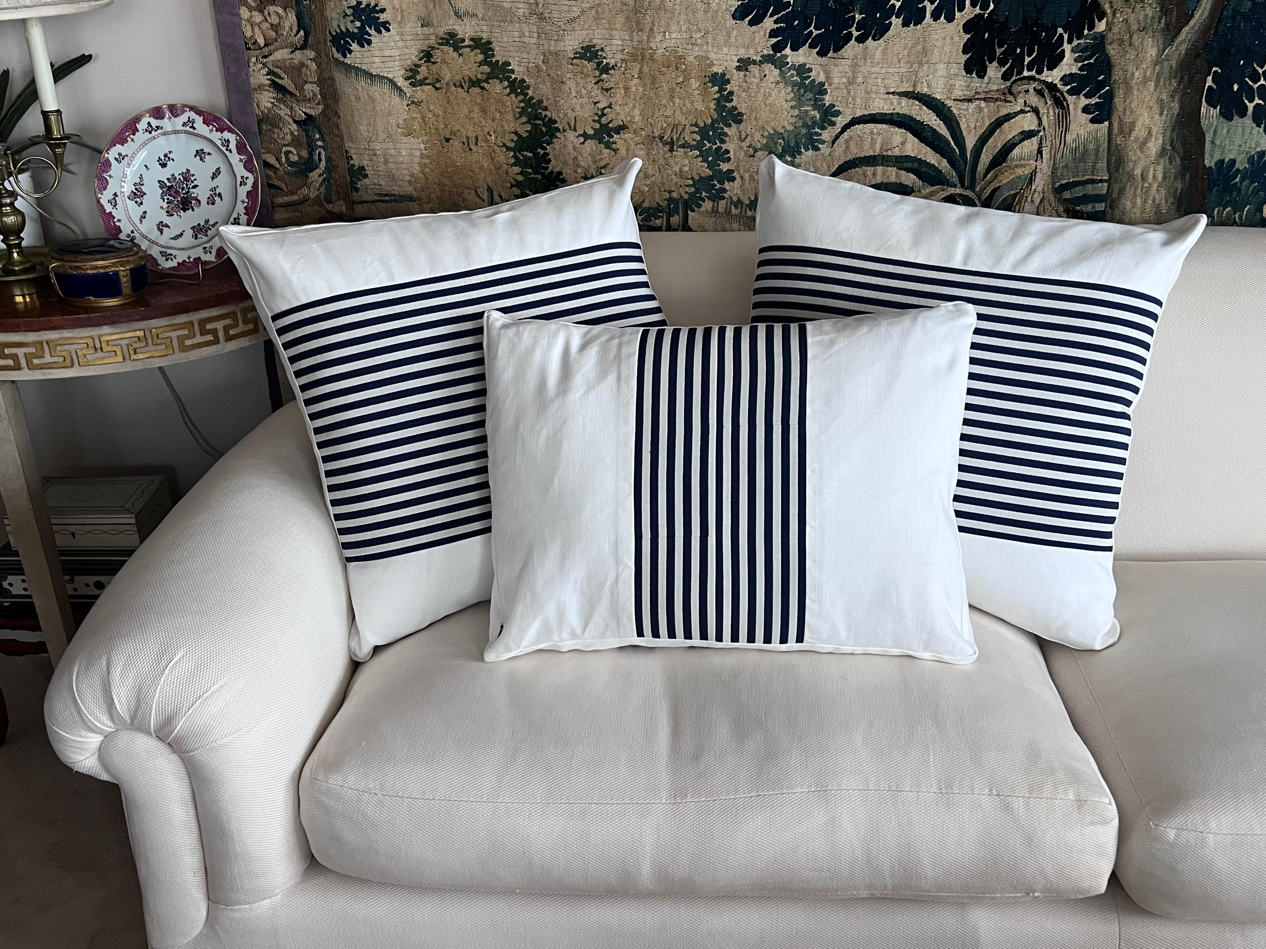 Pair Reversible Cushions/Pillows in Navy Blue Stripes on White For Sale 1