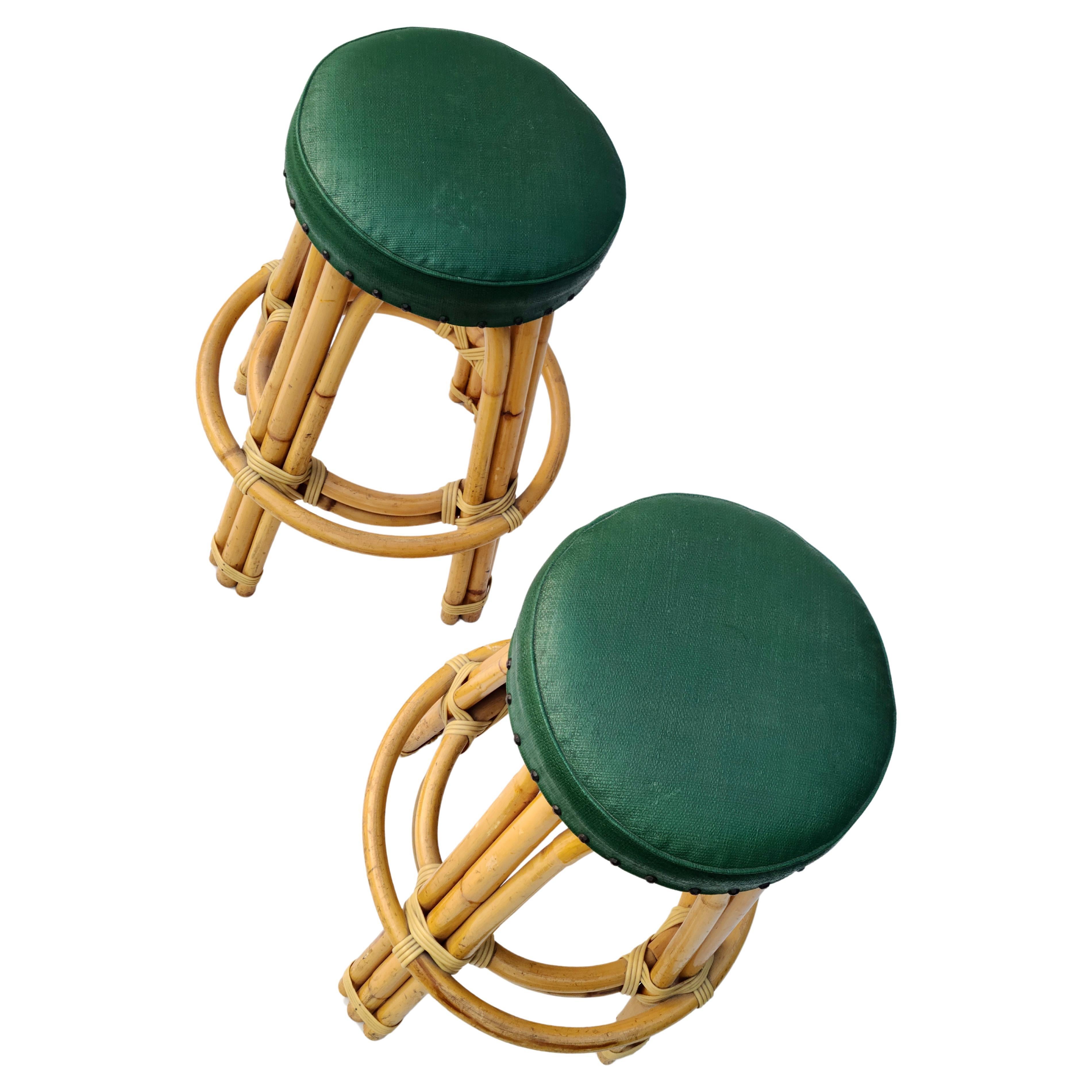 Paire de tabourets de bar en bambou Ritts Tropitan Style of Paul Frankl Bon état - En vente à Fraser, MI
