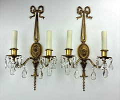 Pair Robert Adam Style Gilt Brass and Crystal Sconces by Sterling Bronze Co.