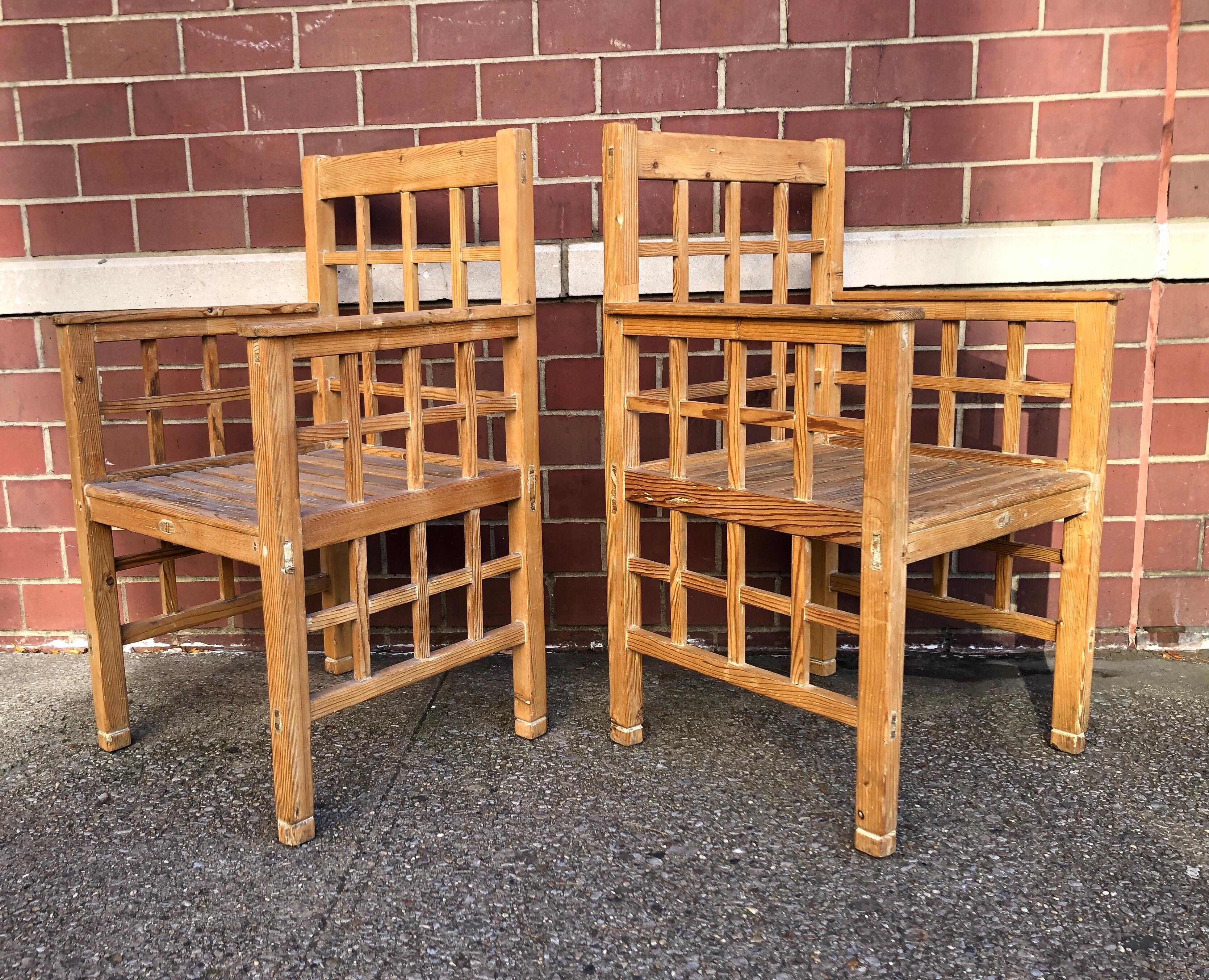 Pair of Robert Mallet-Stevens Fir wood armchairs In Fair Condition In Brooklyn, NY