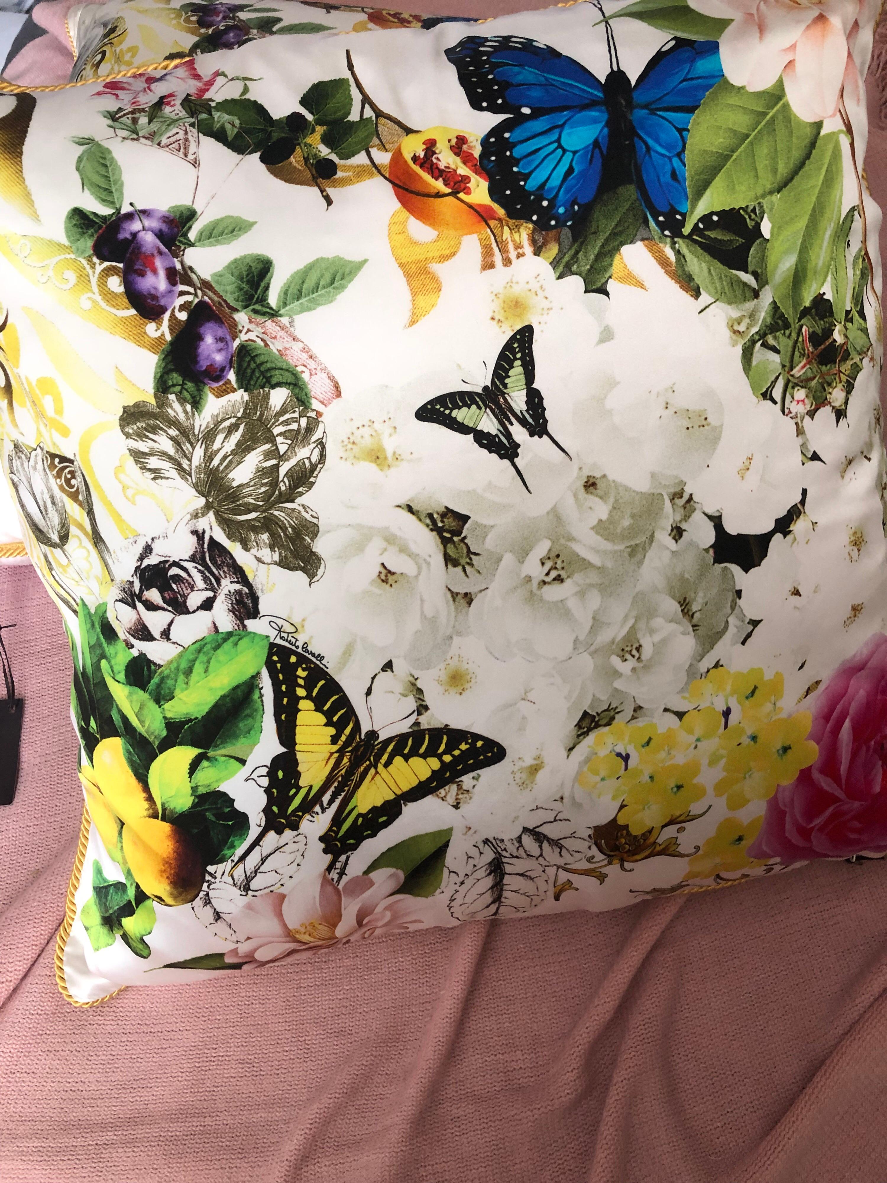 Italian Roberto Cavalli Home Collection Flora & Fauna Signature Silk Throw Pillows, Pair