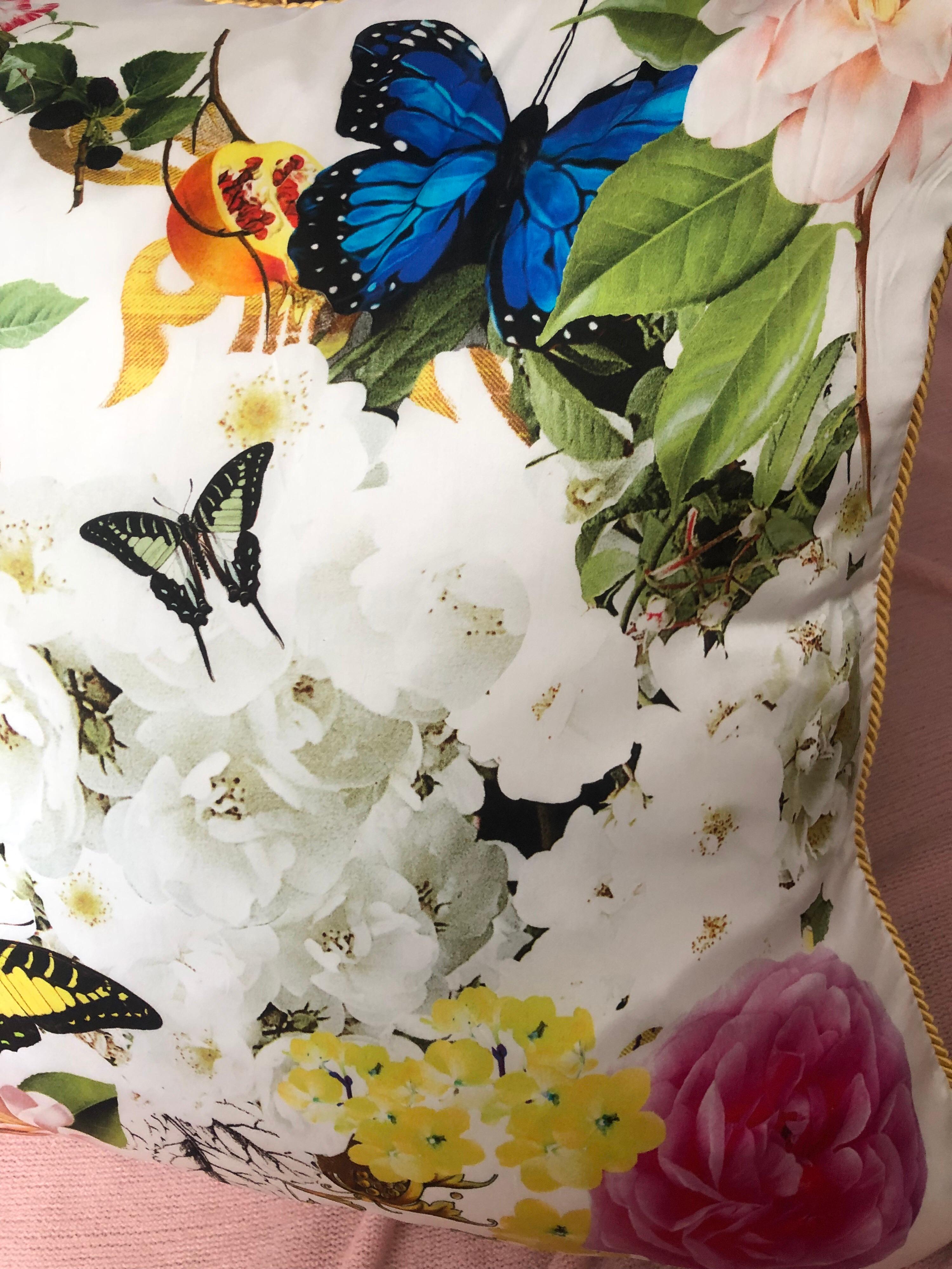 Hand-Crafted Roberto Cavalli Home Collection Flora & Fauna Signature Silk Throw Pillows, Pair
