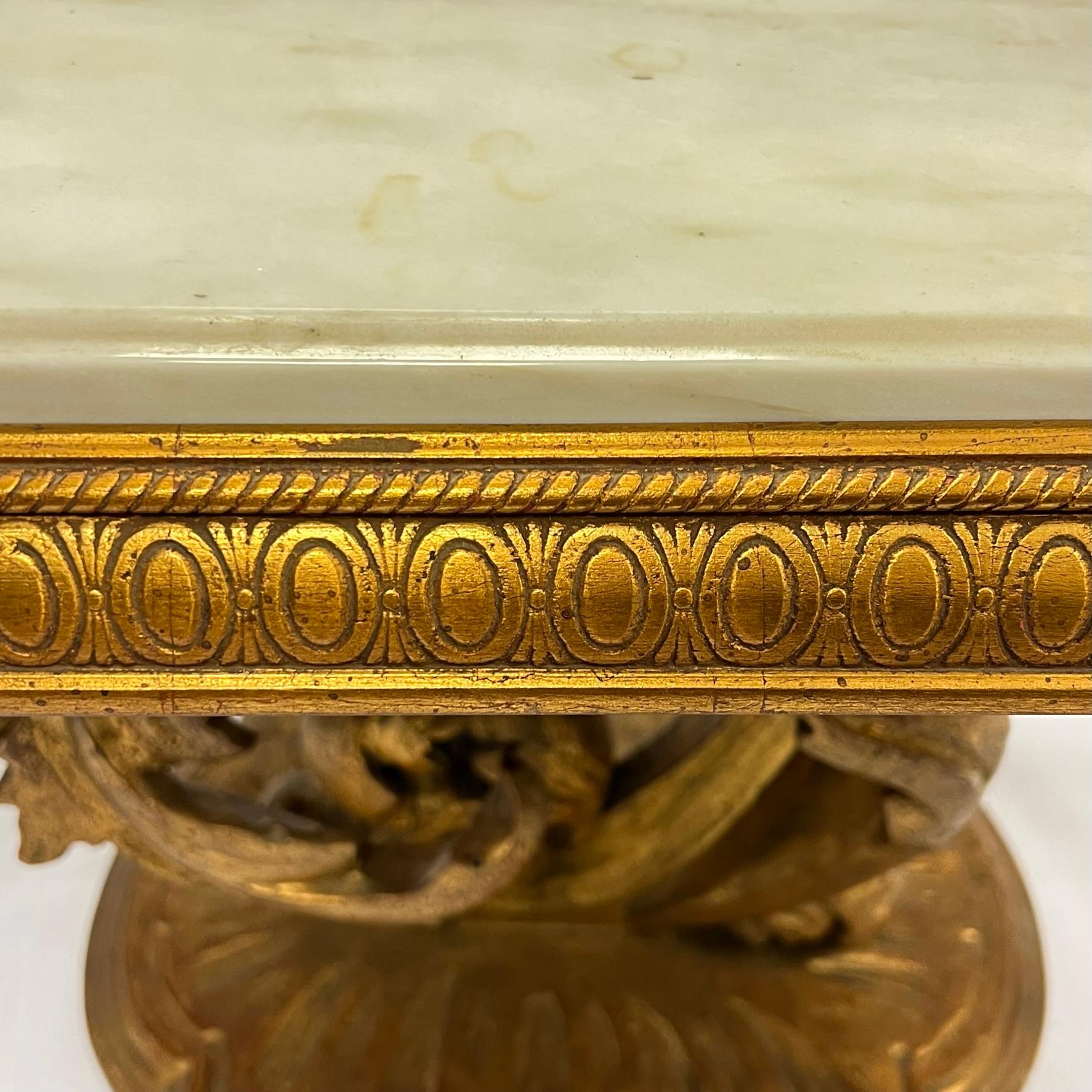 Pair Roccoco Style Carved Giltwood Pedestal Side Tables with White Marble Tops For Sale 7