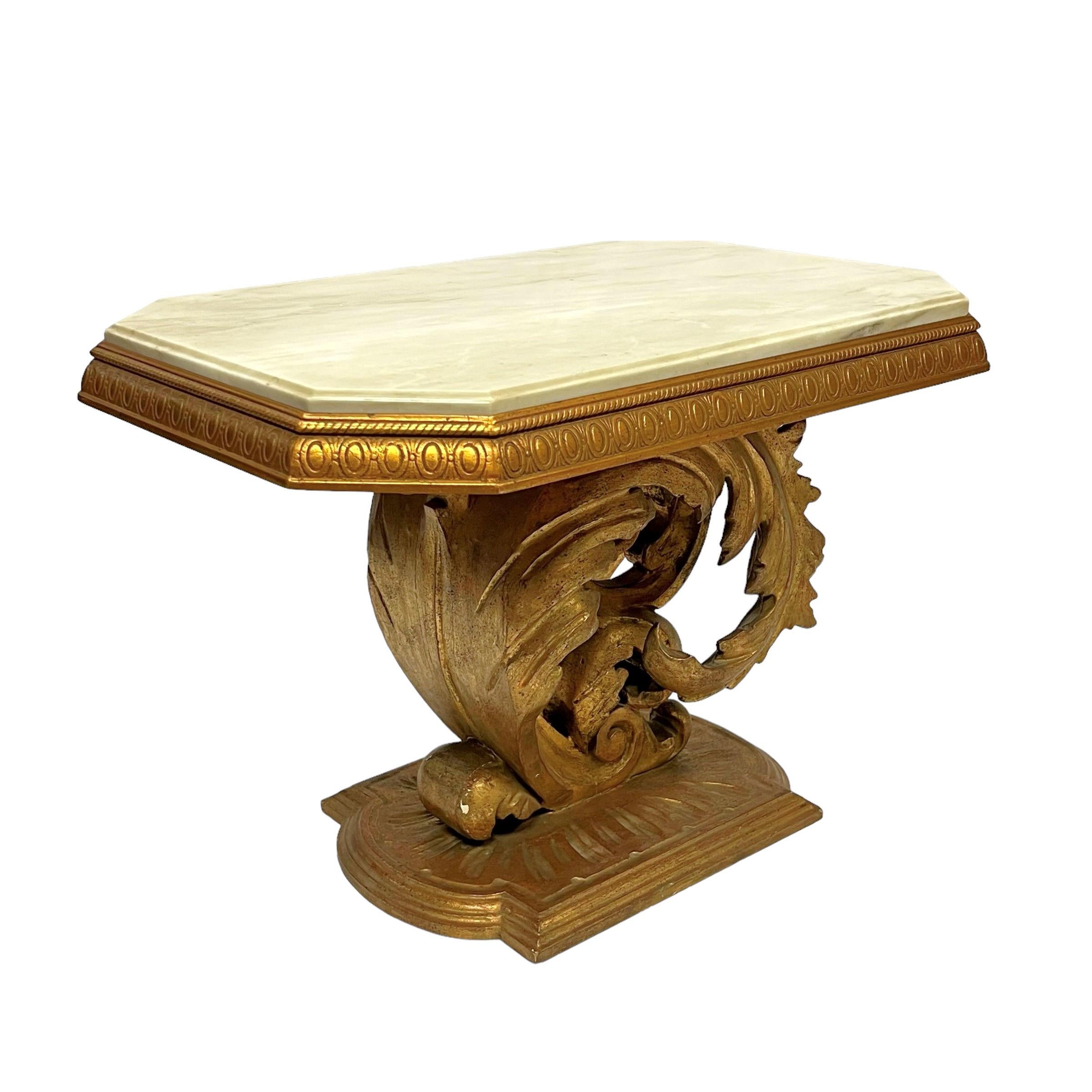 20th Century Pair Roccoco Style Carved Giltwood Pedestal Side Tables with White Marble Tops For Sale