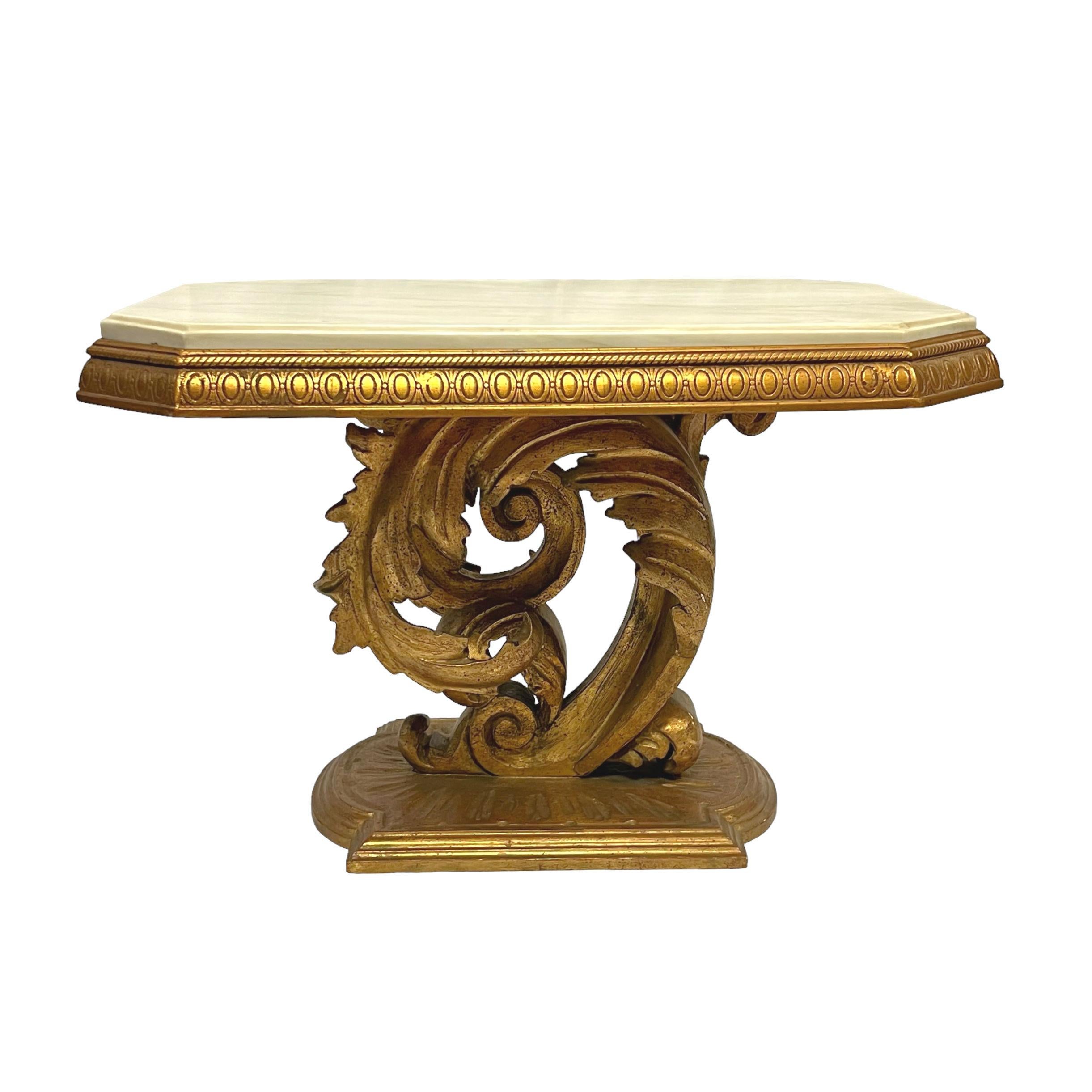 Pair Roccoco Style Carved Giltwood Pedestal Side Tables with White Marble Tops For Sale 1