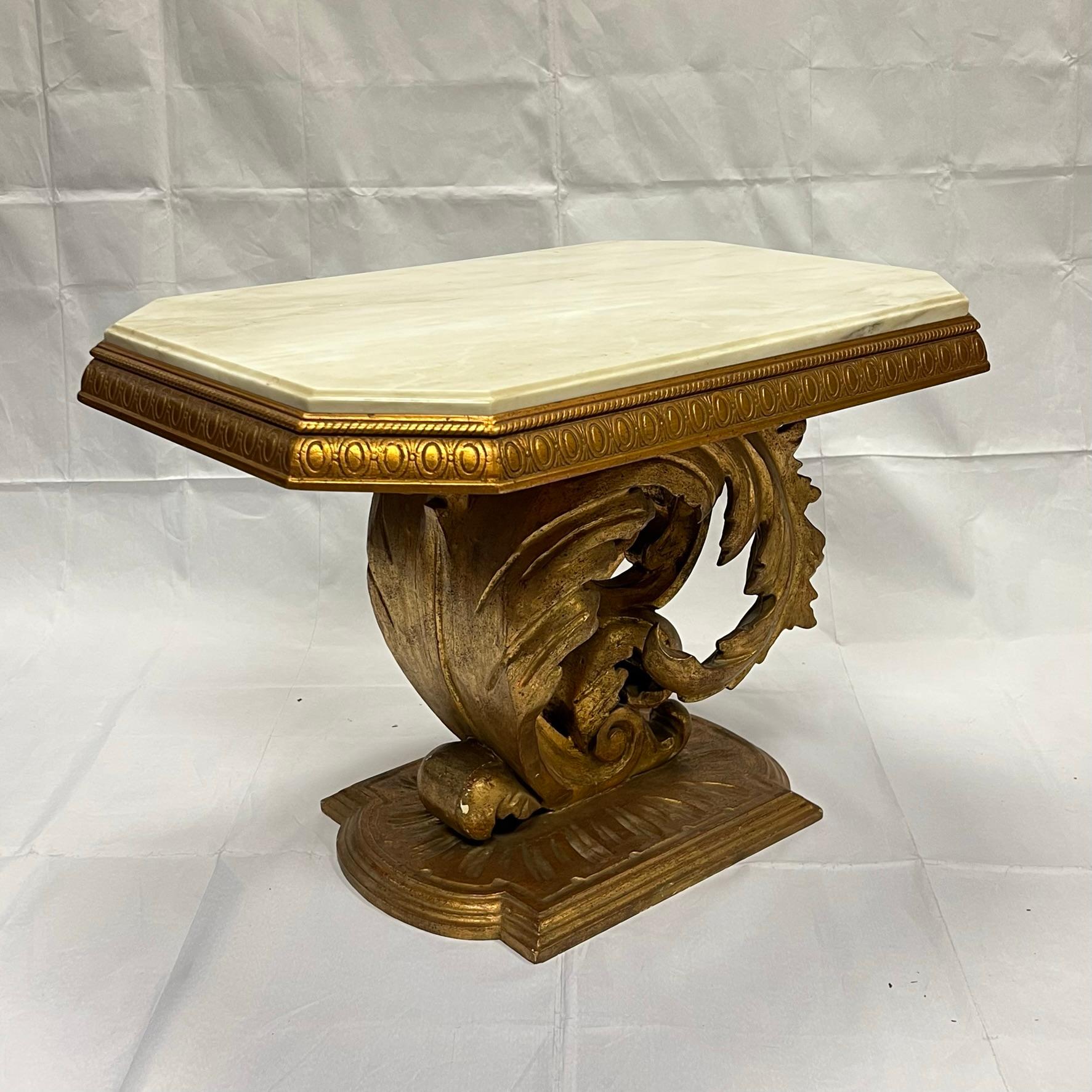 Pair Roccoco Style Carved Giltwood Pedestal Side Tables with White Marble Tops For Sale 2