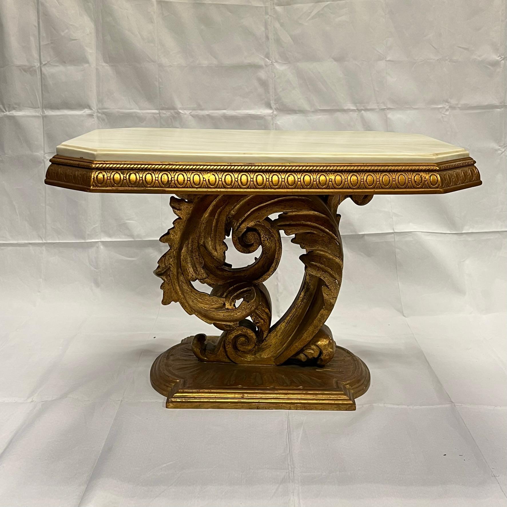 Pair Roccoco Style Carved Giltwood Pedestal Side Tables with White Marble Tops For Sale 3