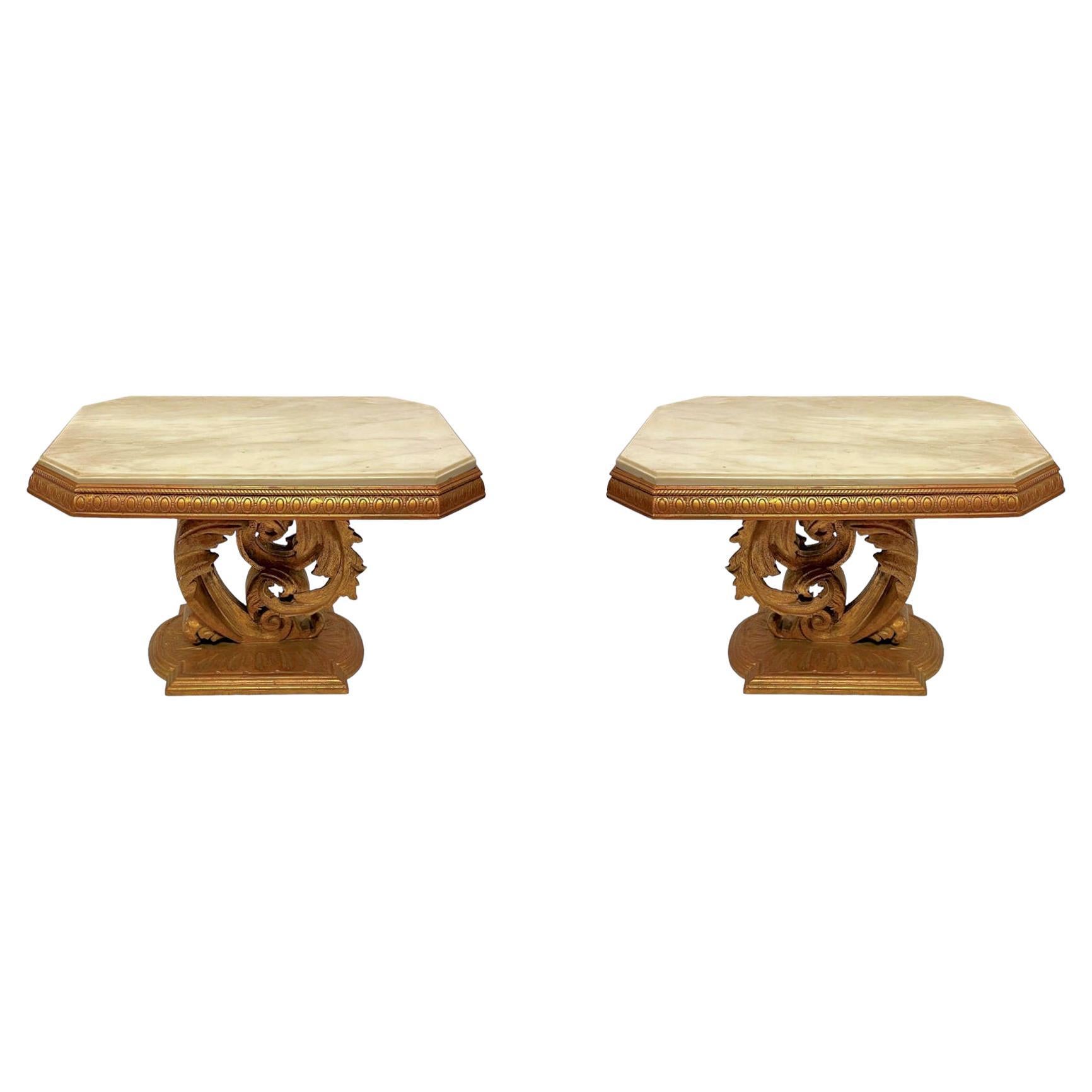 Pair Roccoco Style Carved Giltwood Pedestal Side Tables with White Marble Tops For Sale