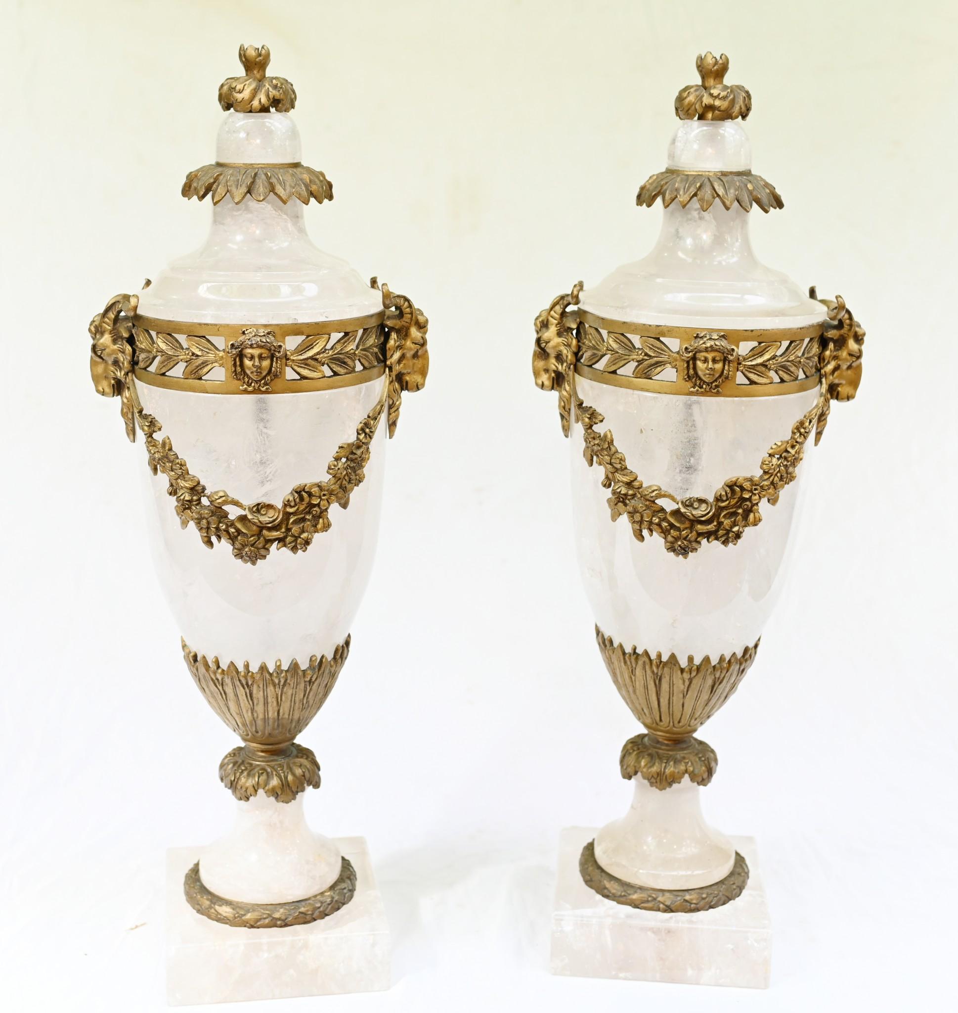 Delicate pair of antique rock crystal urns - or cassolettes
Highly decorative pair made from solid rock crystal with great opaque quality
Ormolu mounts include a fruit encrusted sash and rams head
Circva 1860 on this collectable pair
We purchased