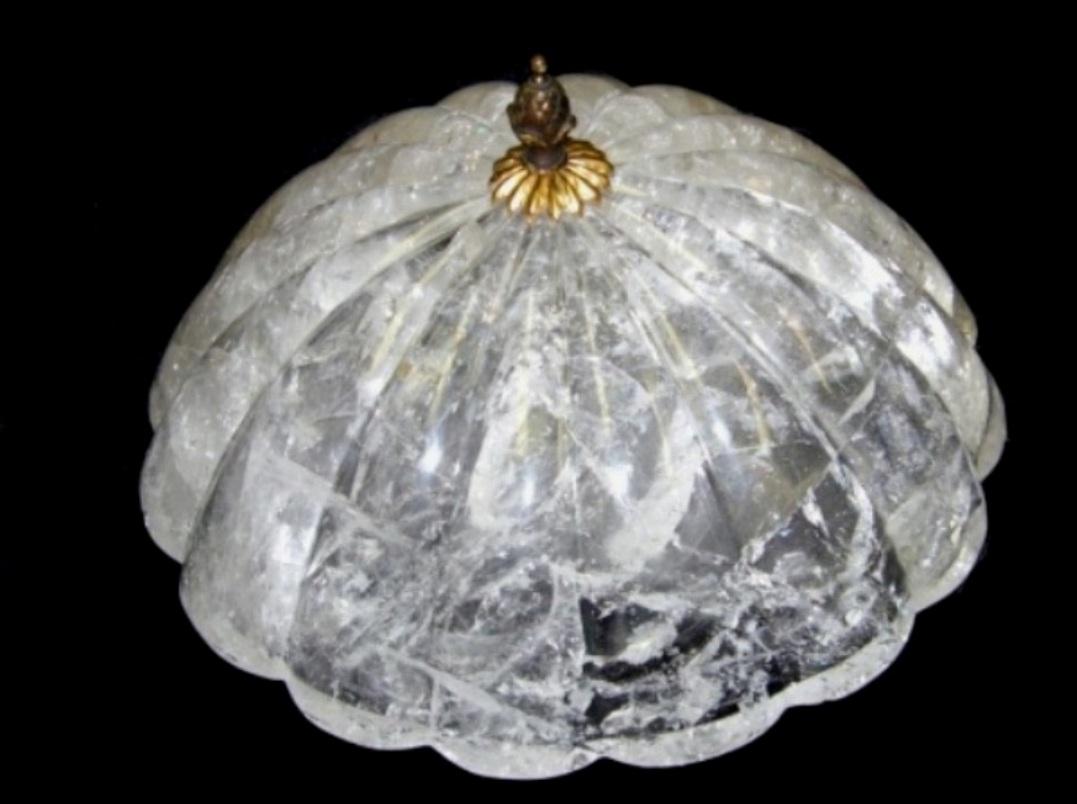 Art Deco Pair Rock Crystal Fluted Ceiling Fixtures Flush Mount  For Sale