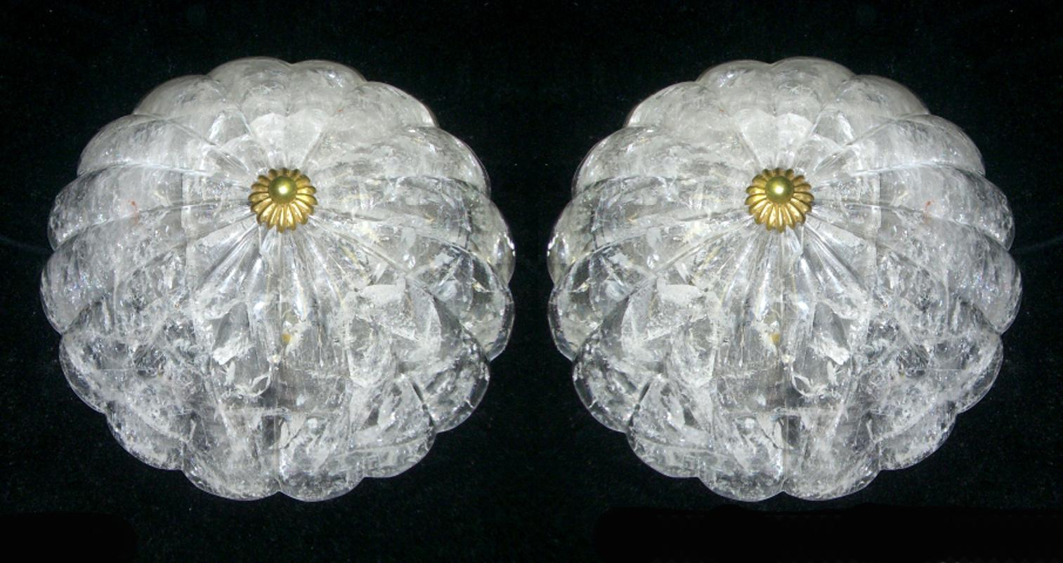 20th Century Pair Rock Crystal Fluted Ceiling Fixtures Flush Mount  For Sale