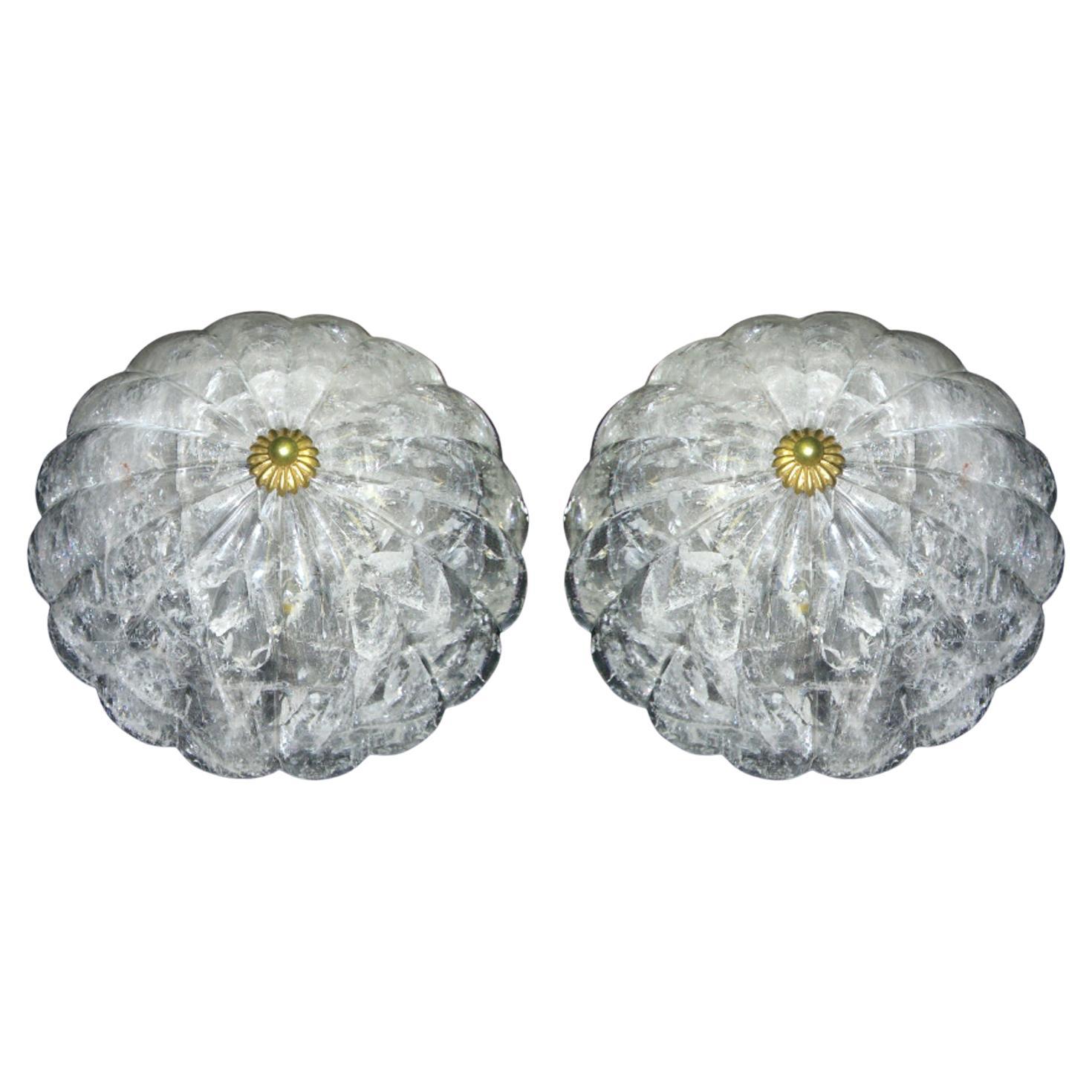 Pair Rock Crystal Fluted Ceiling Fixtures Flush Mount  For Sale