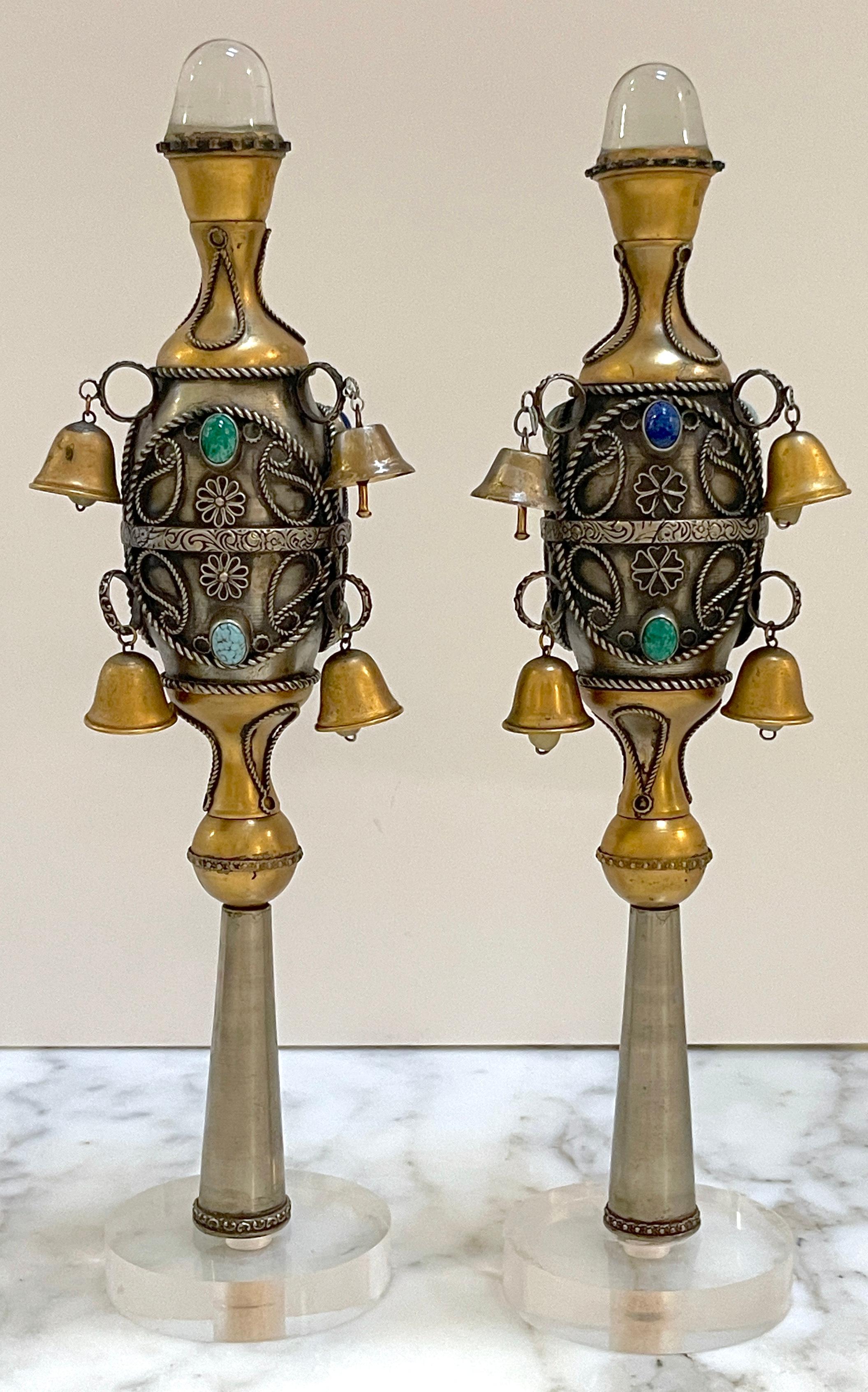 Pair Rock Crystal Gem Stone, Silver & Gilt 8 Bell Judaica Torah/ Rimonim Finials
European, 1900s
We are pleased to offer this stunning pair of European Judaica Torah/Rimonim Finials from the 1900s, featuring exquisite workmanship and artistry.