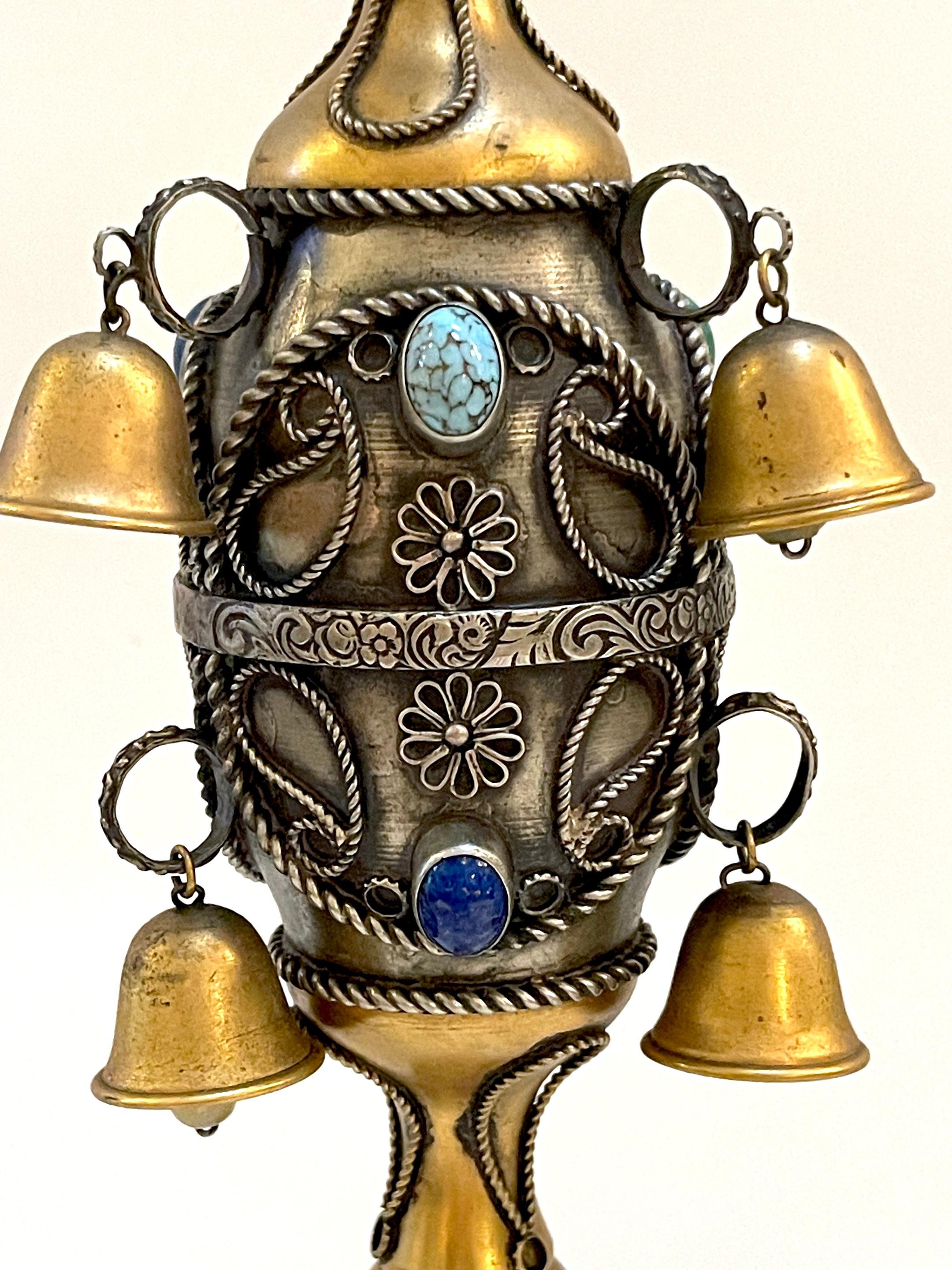20th Century Pair Rock Crystal Gem Stone, Silver & Gilt 8 Bell Judaica Torah/ Rimonim Finials For Sale