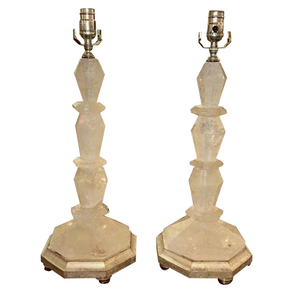 Pair Rock Crystal Lamps on Silver Leaf Bases