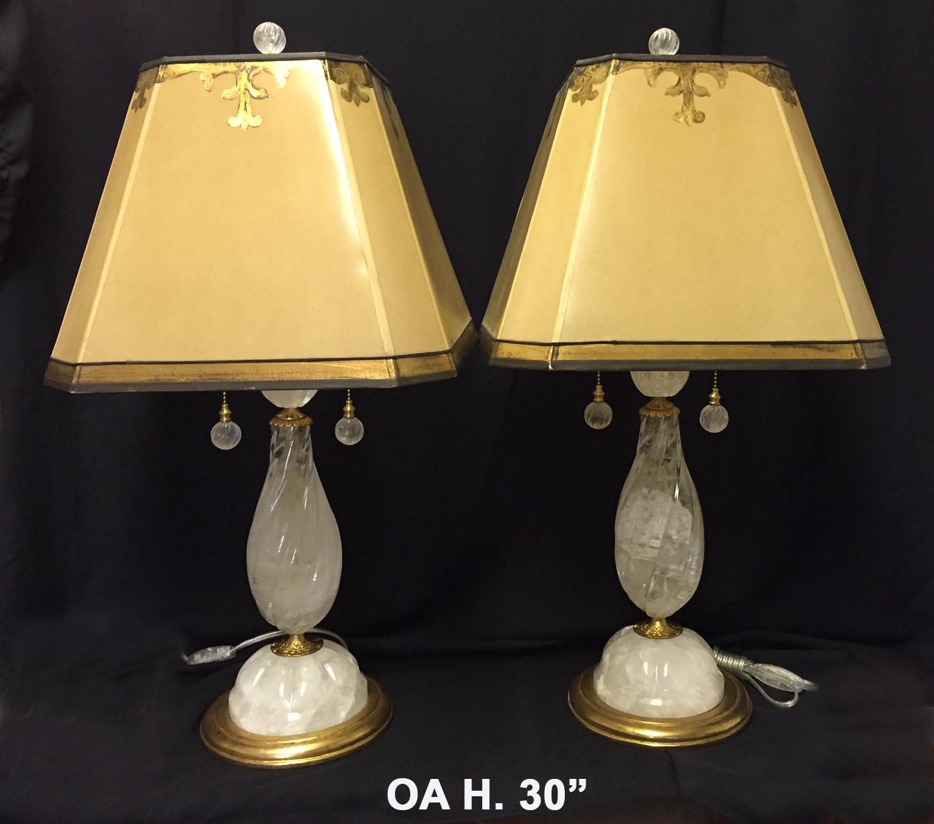 Italian Pair of Rock Crystal Spiral Lamps with Ormolu For Sale
