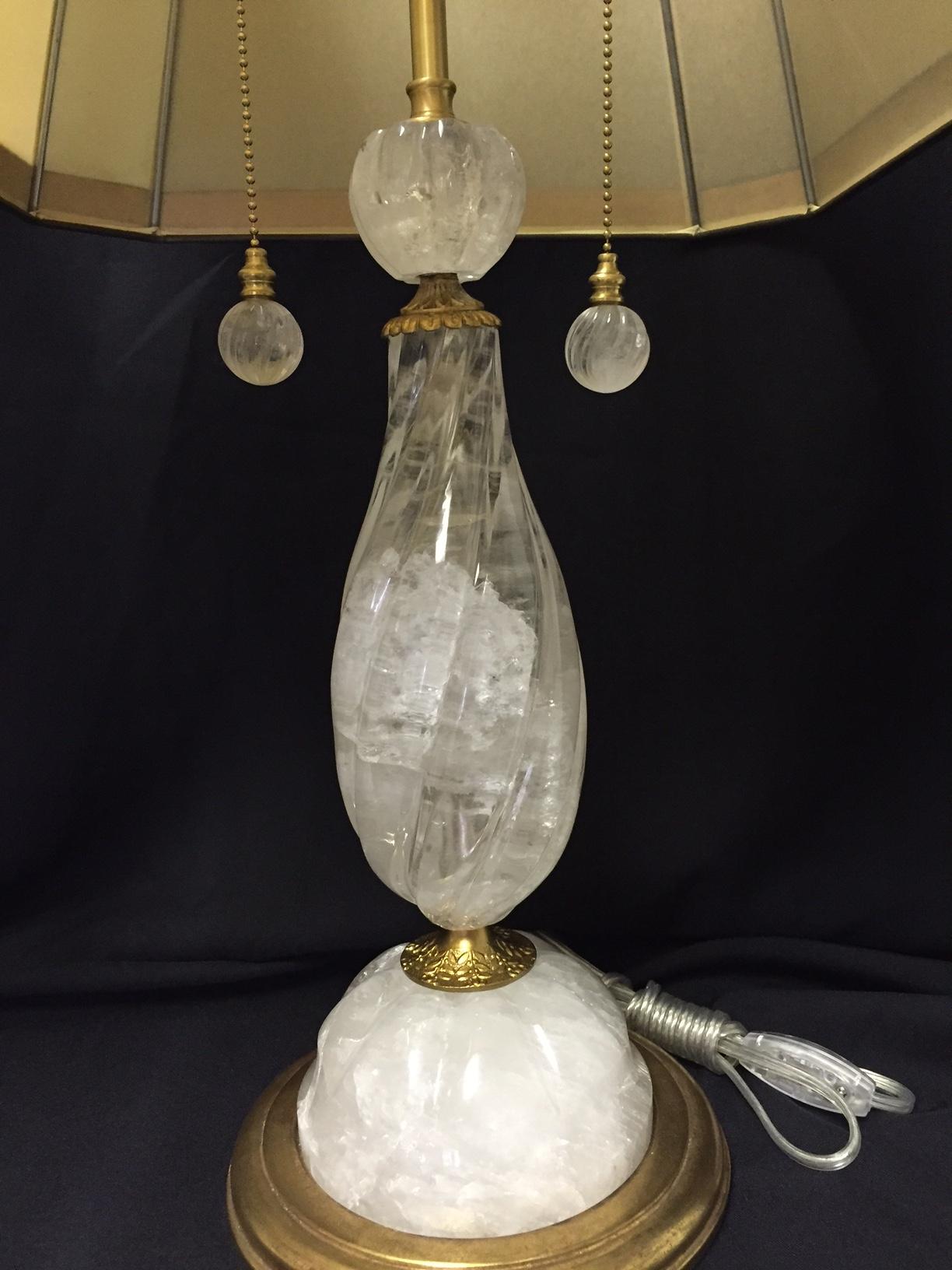 Hand-Carved Pair of Rock Crystal Spiral Lamps with Ormolu For Sale