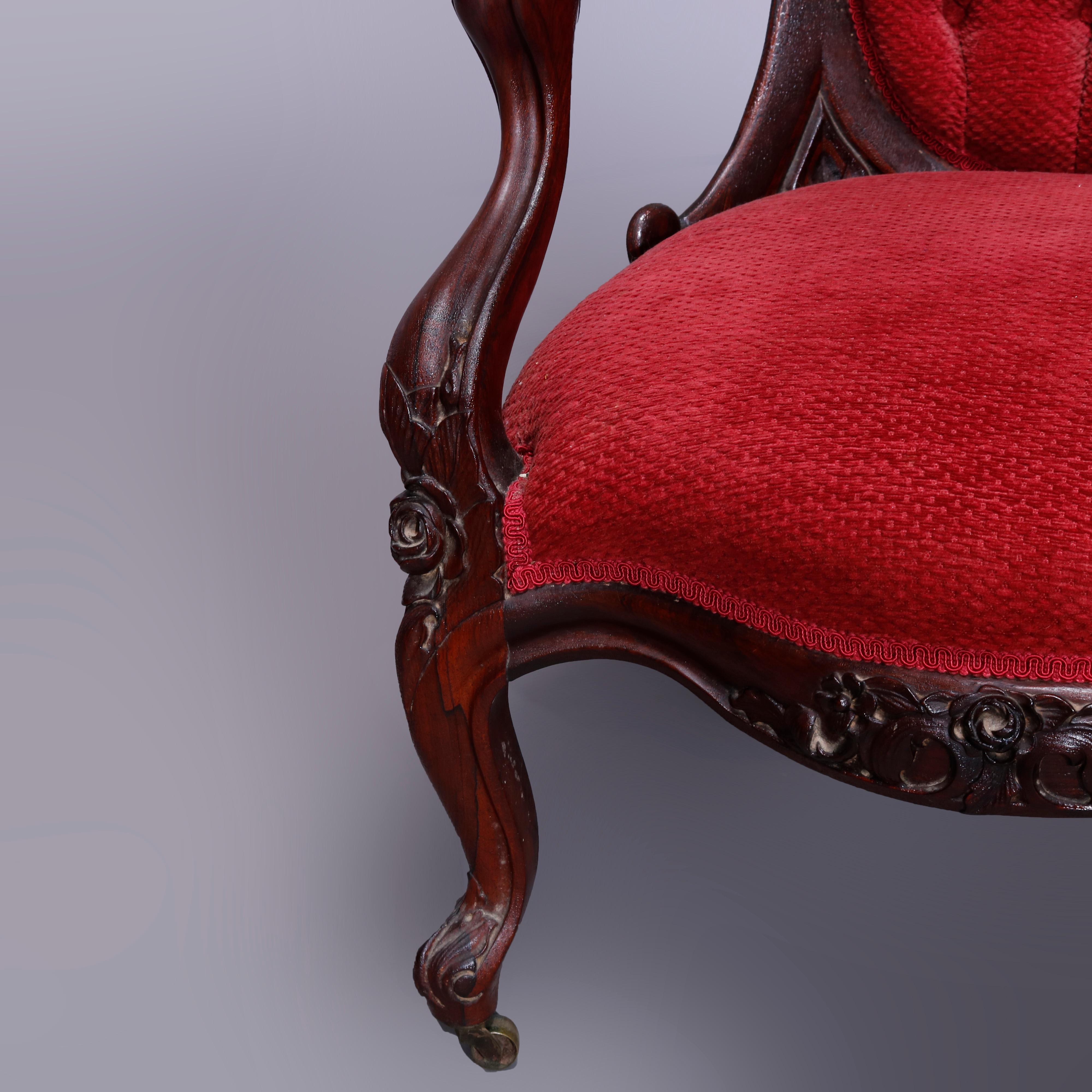 19th Century Antique Rococo Revival Belter Rosalie Laminated Rosewood Gents Arm Chair, c1860