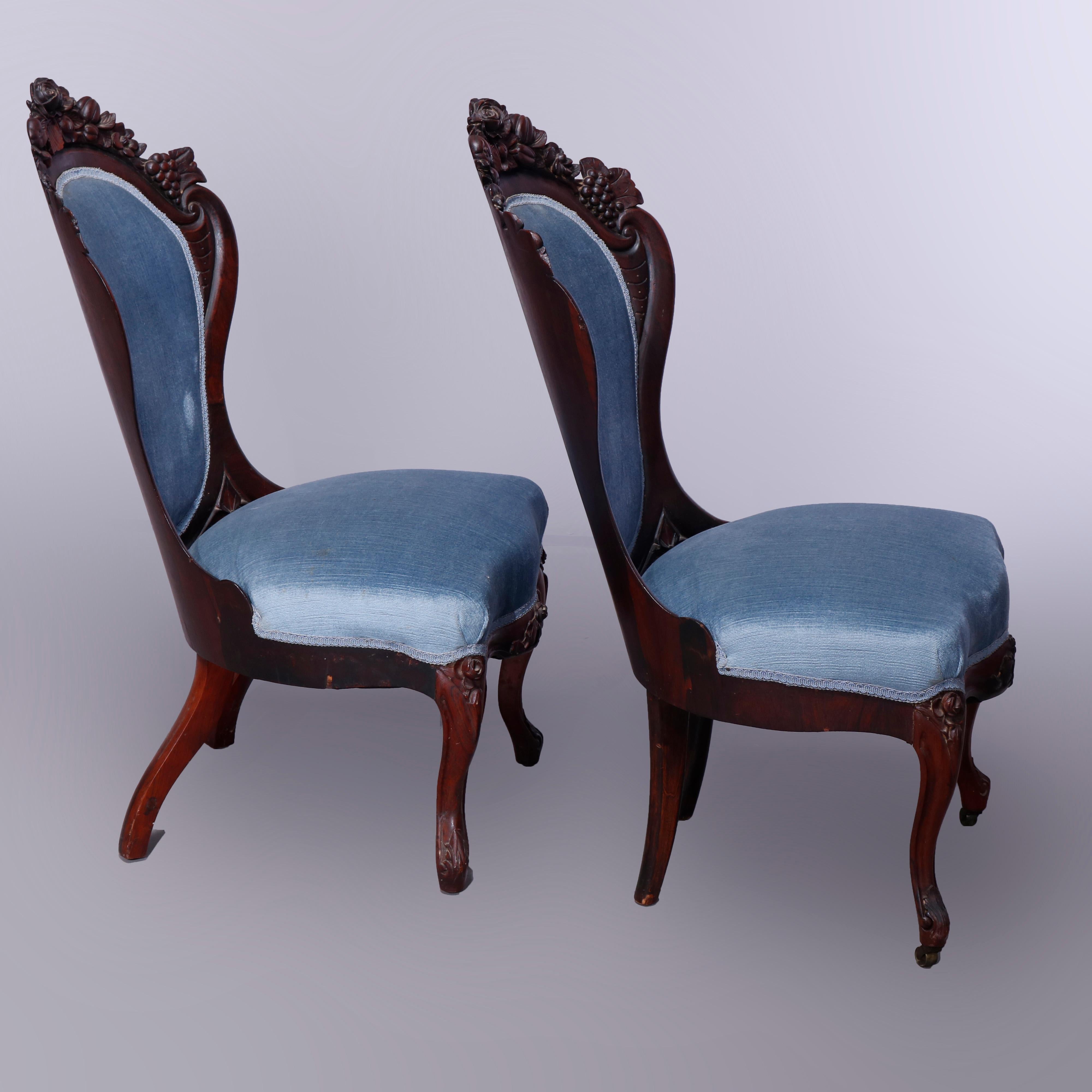 Carved Pair Rococo Revival Belter Rosalie Laminated Rosewood Side Chairs, c1860