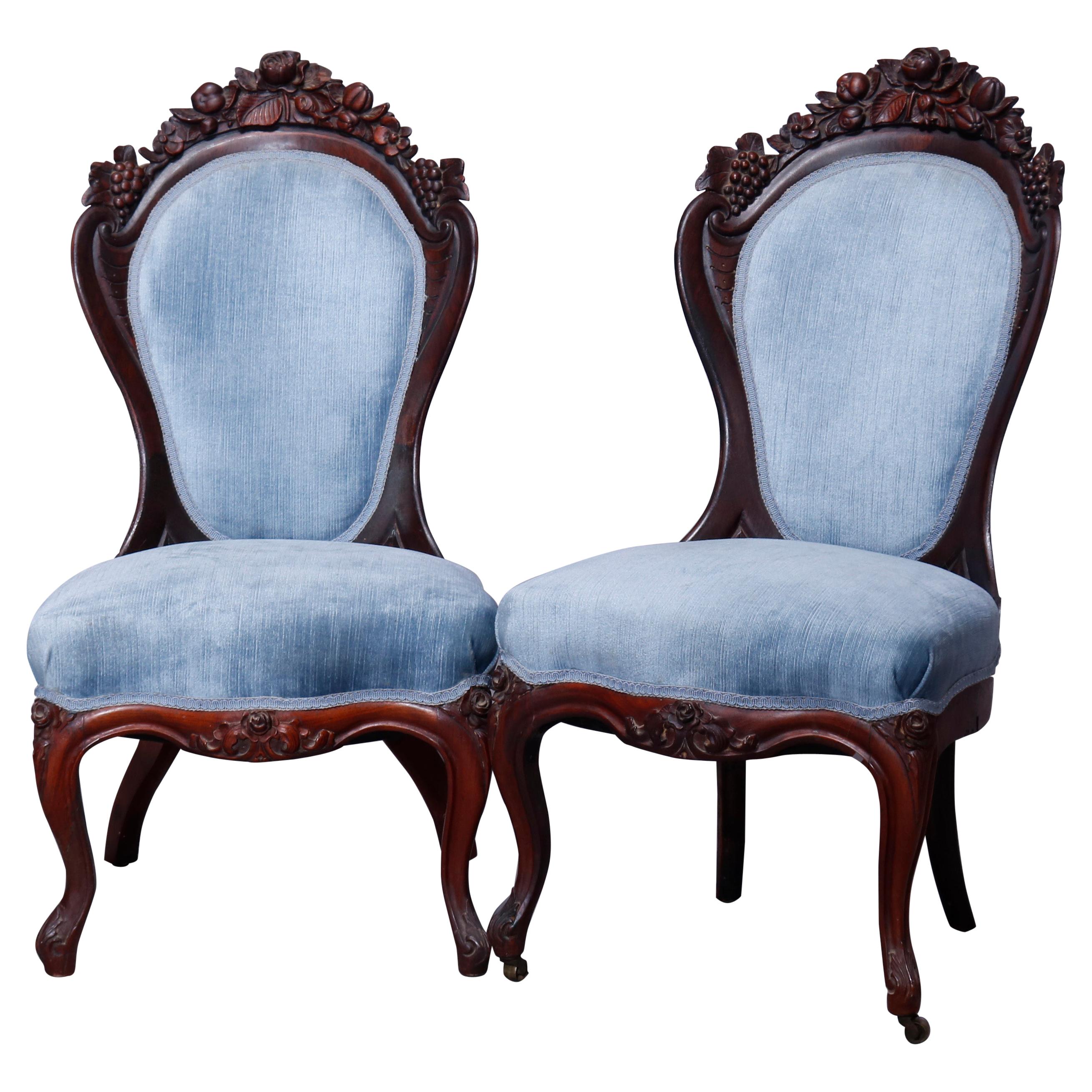 Pair Rococo Revival Belter Rosalie Laminated Rosewood Side Chairs, c1860