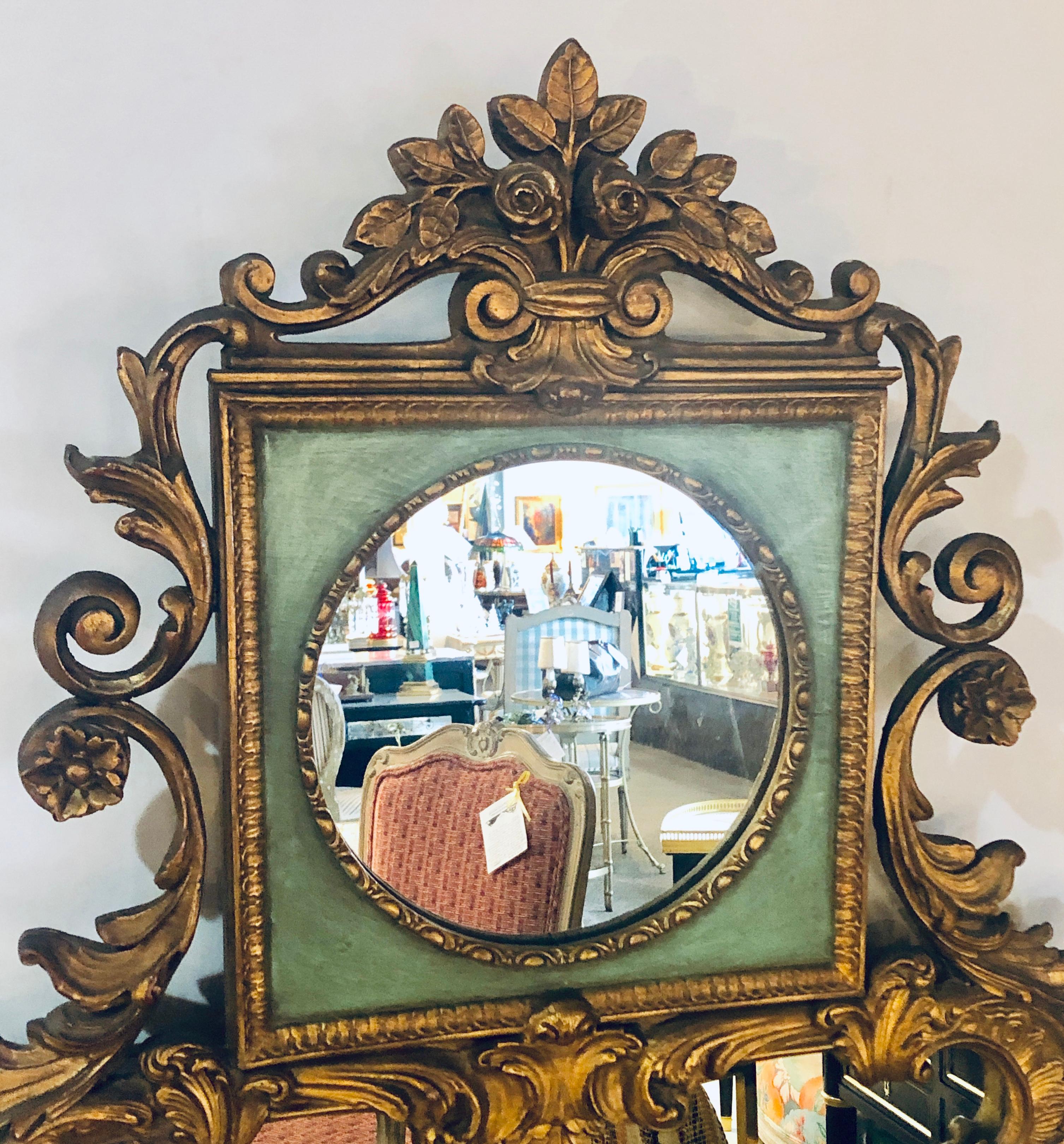 Rococo Revival Style Paint Decorated and Giltwood Console or Wall Mirrors, Pair In Good Condition In Stamford, CT